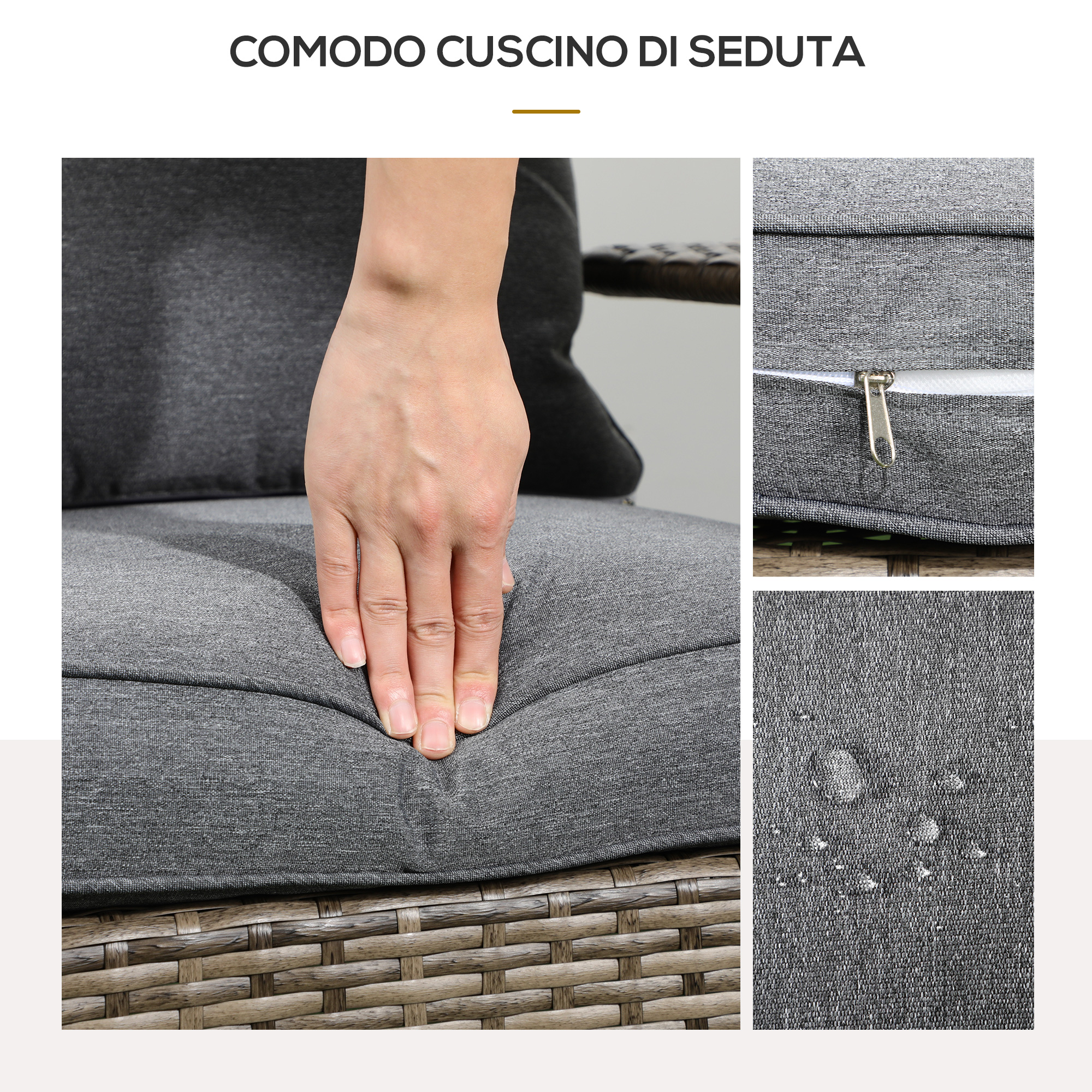 Cuscini grigi su sedia di rattan con cerniera e gocce d'acqua.