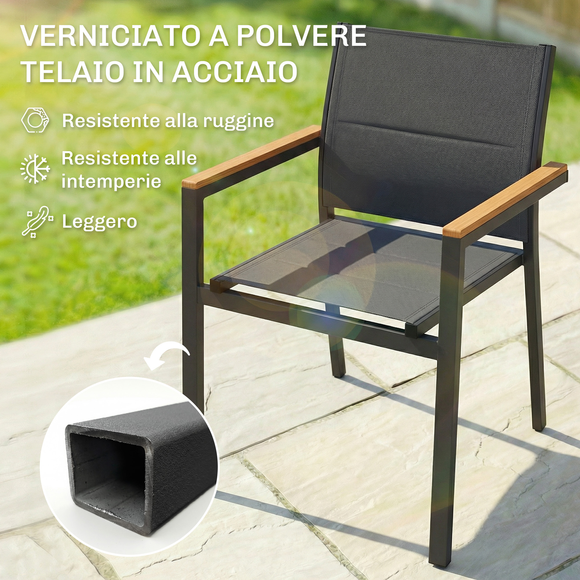 Una sedia scura con braccioli in legno su un patio esterno in pietra.