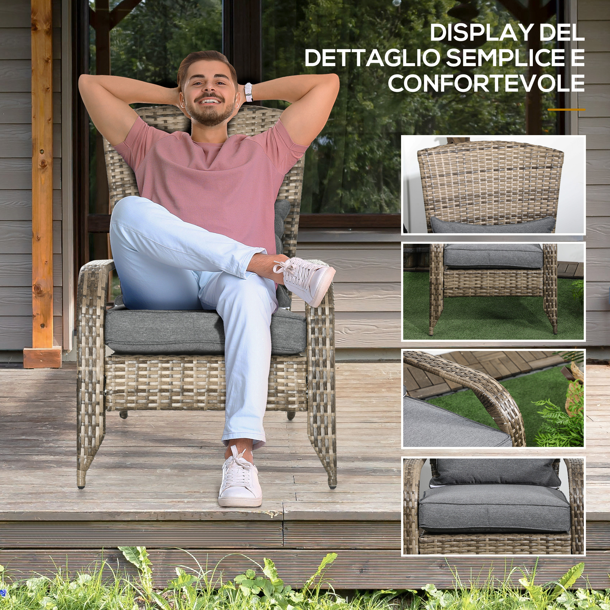 Uomo seduto su sedia in rattan su terrazza in legno, mani dietro la testa.