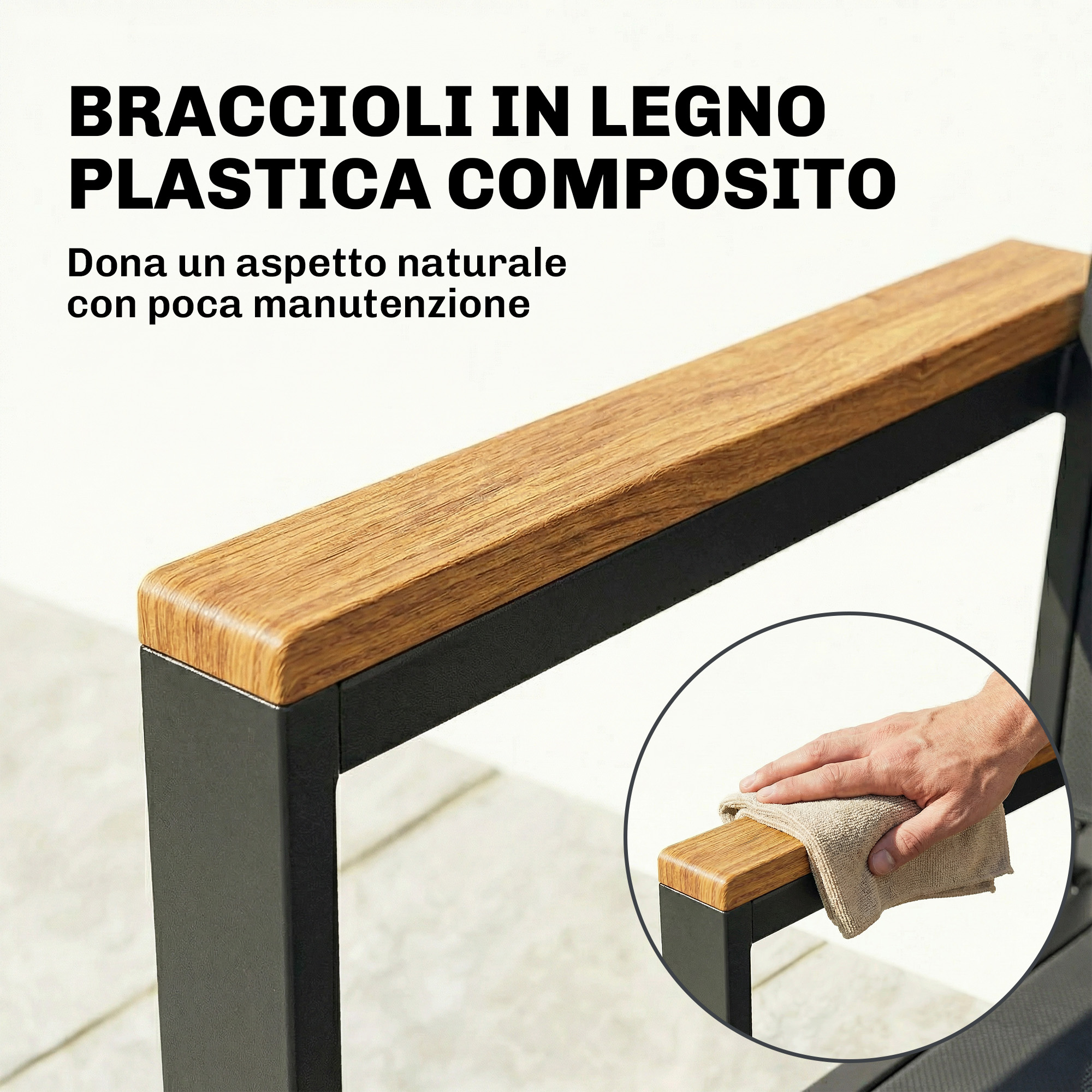 Bracciolo di sedia in composito legno-plastica pulito con un panno.