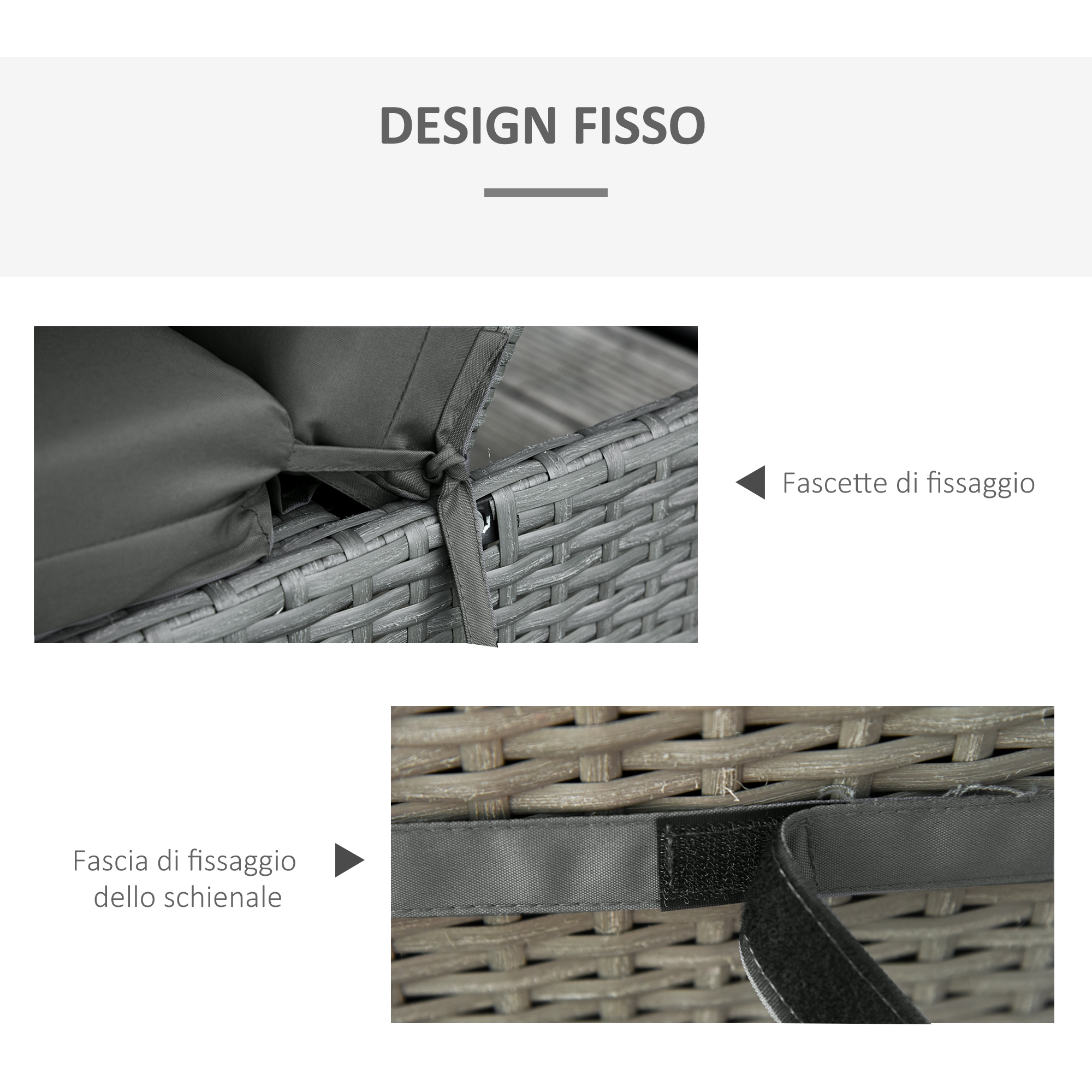 Cuscini grigi fissati con cinghie a una trama di rattan.