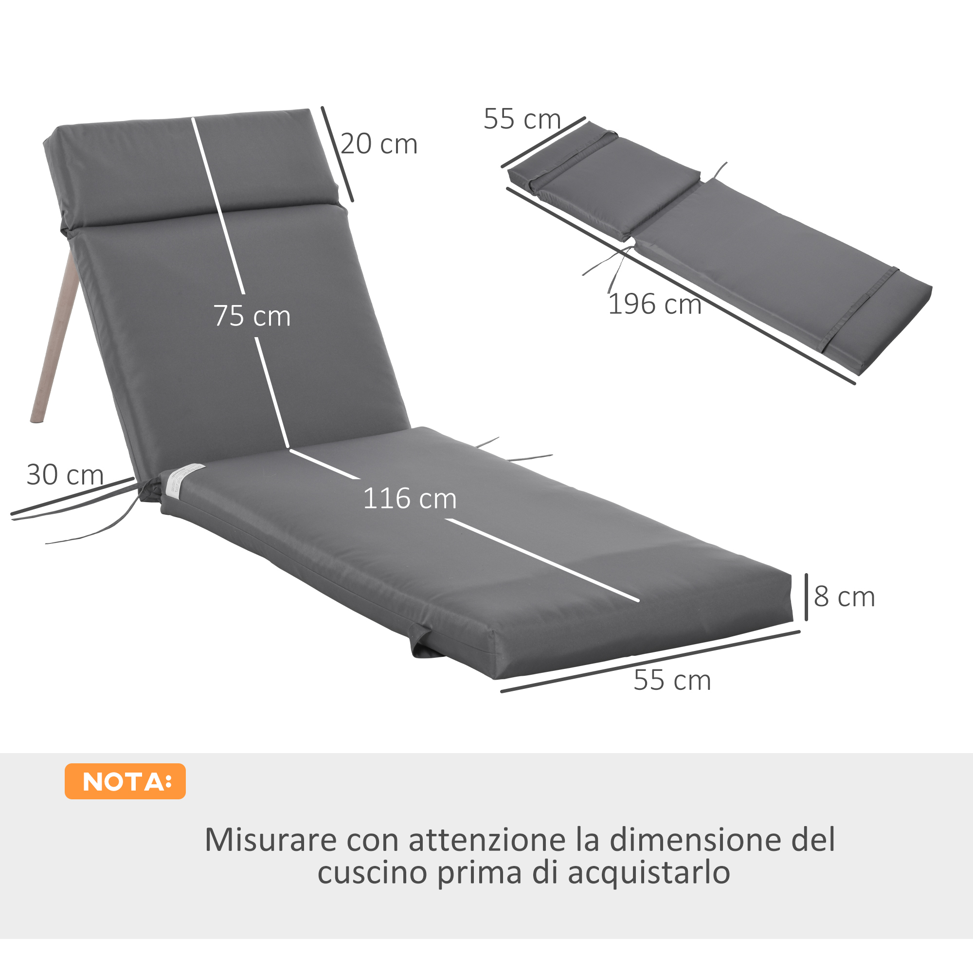 Sdraio grigio con dimensioni: 196x55x8 cm, schienale alto 75 cm.