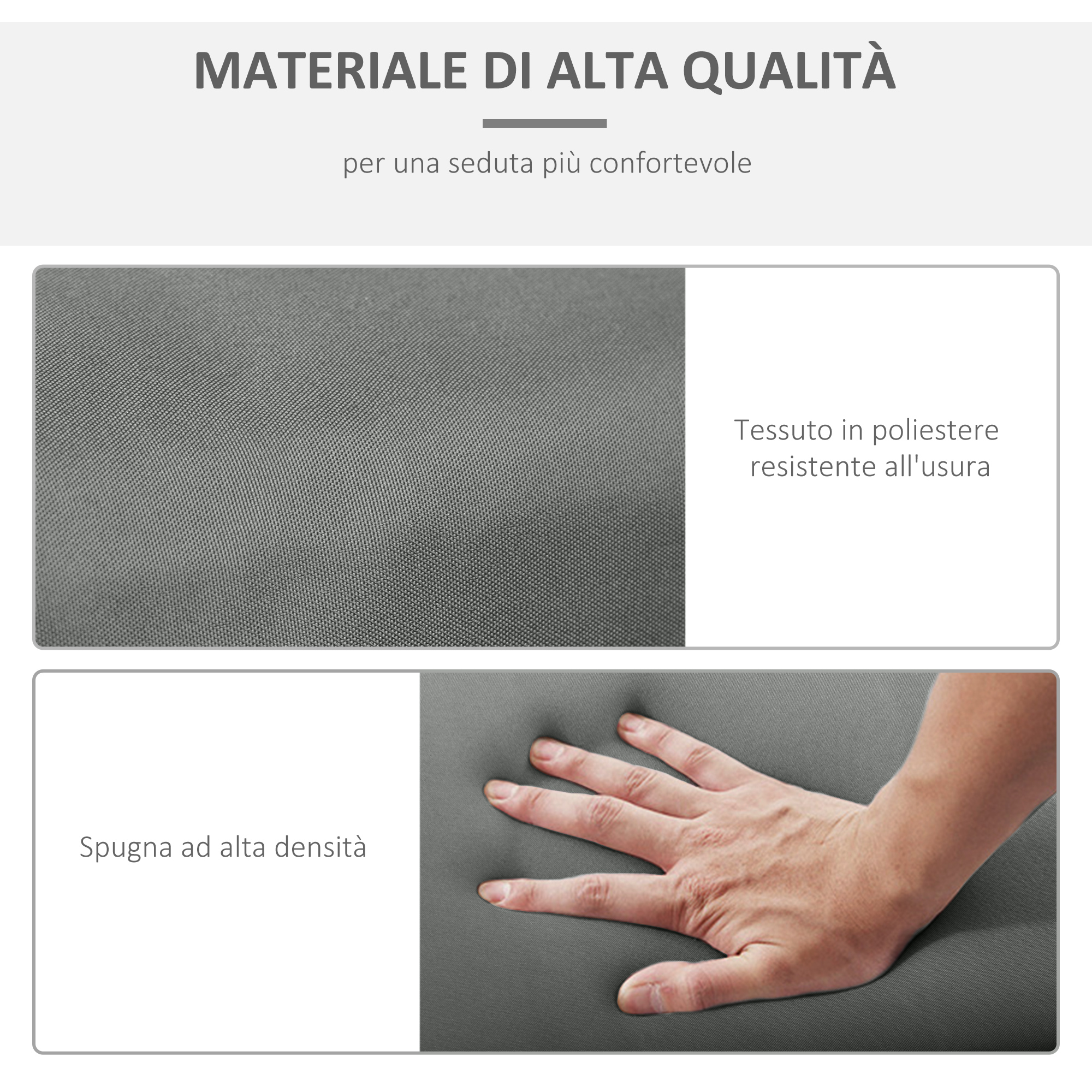 Primo piano di tessuto grigio e mano che preme nella schiuma.