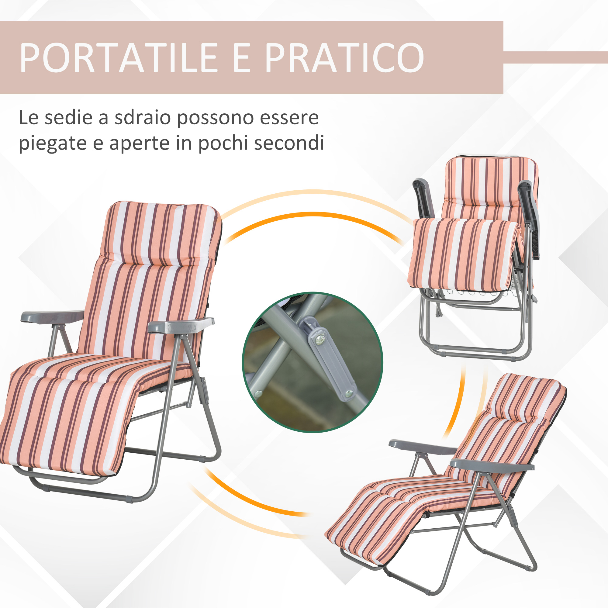 Sdraio a righe con braccioli e struttura in metallo, pieghevole.