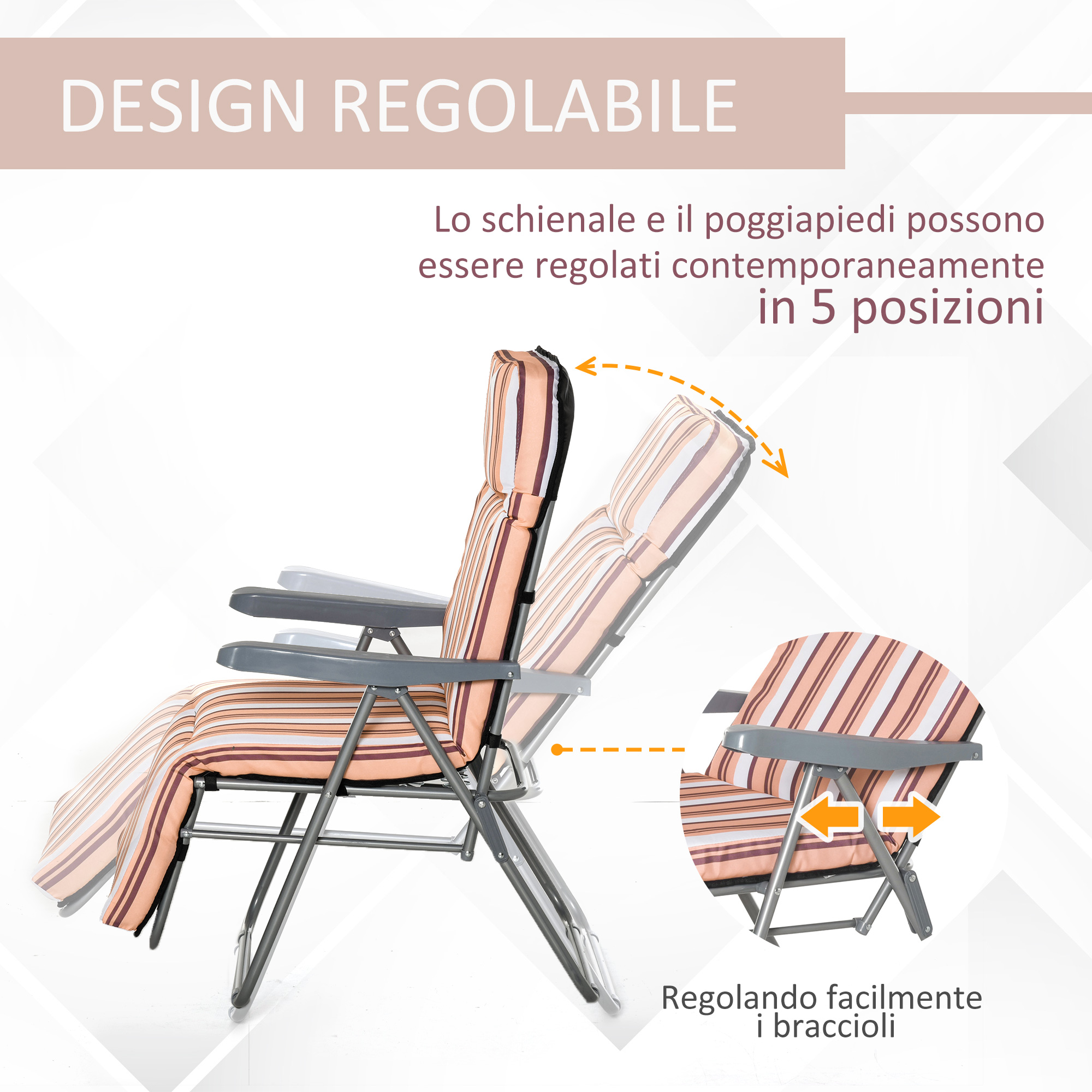 Sedia reclinabile a righe regolabile con braccioli regolabili.