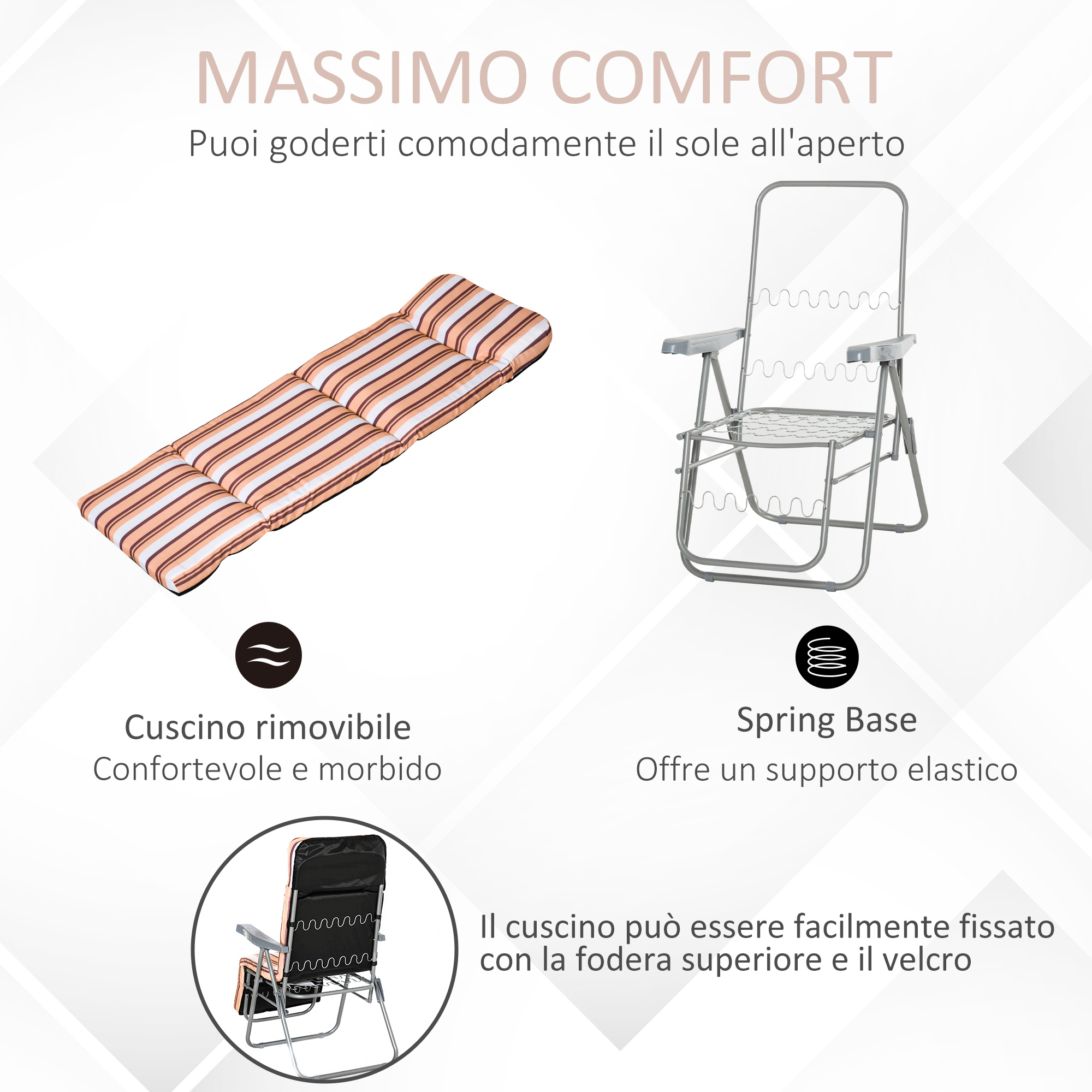 Un cuscino a righe e una sedia pieghevole argentata con base a molla.