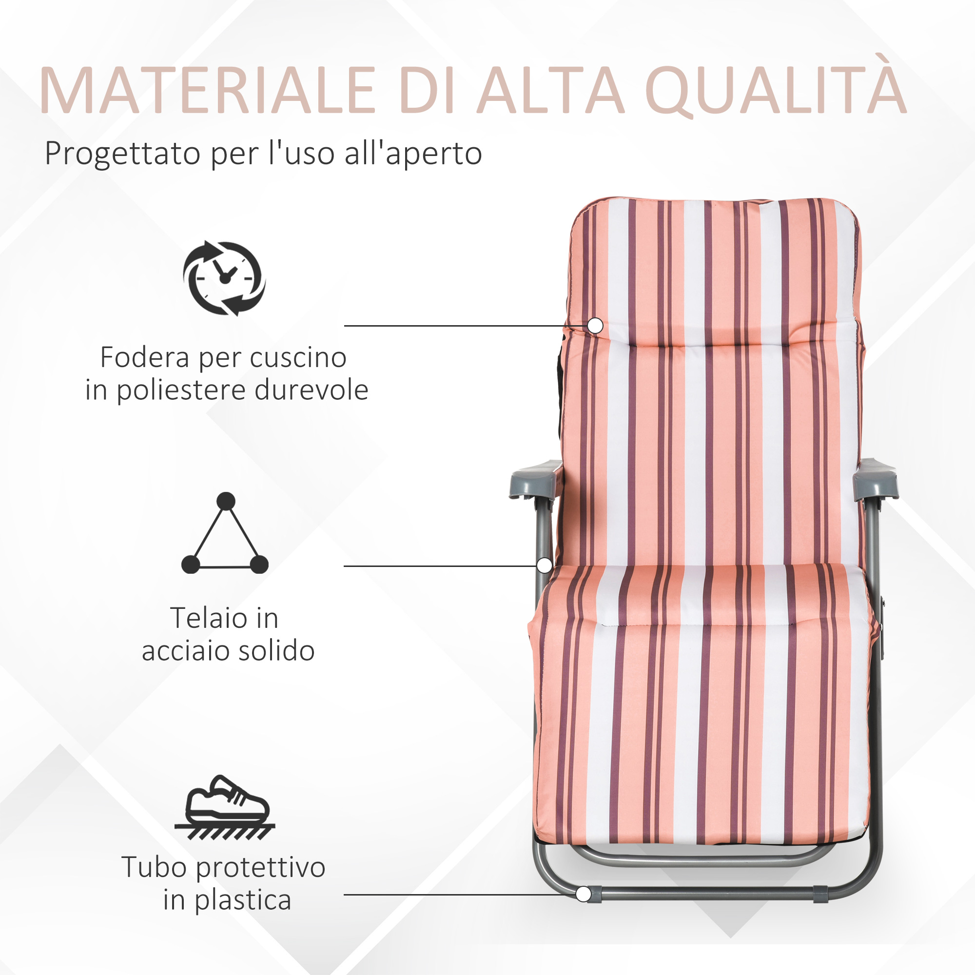 Sdraio a righe con telaio in acciaio resistente, progettato per l'esterno.