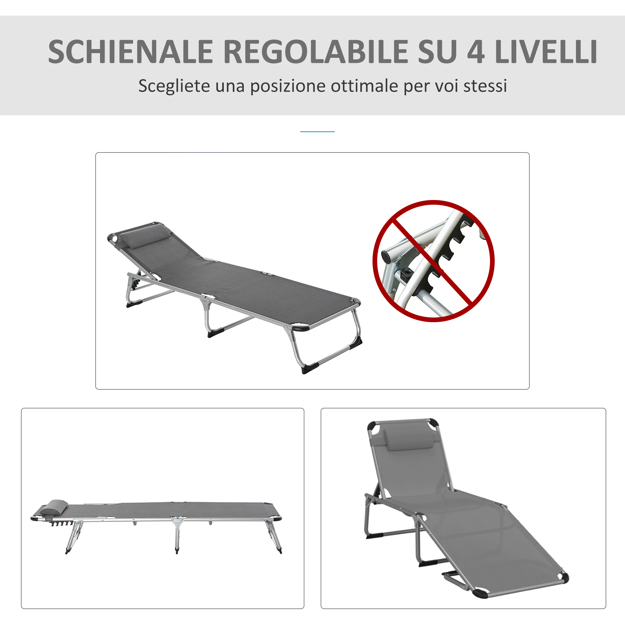 Lettino da campeggio grigio con schienale e poggiatesta regolabili, viste diverse.