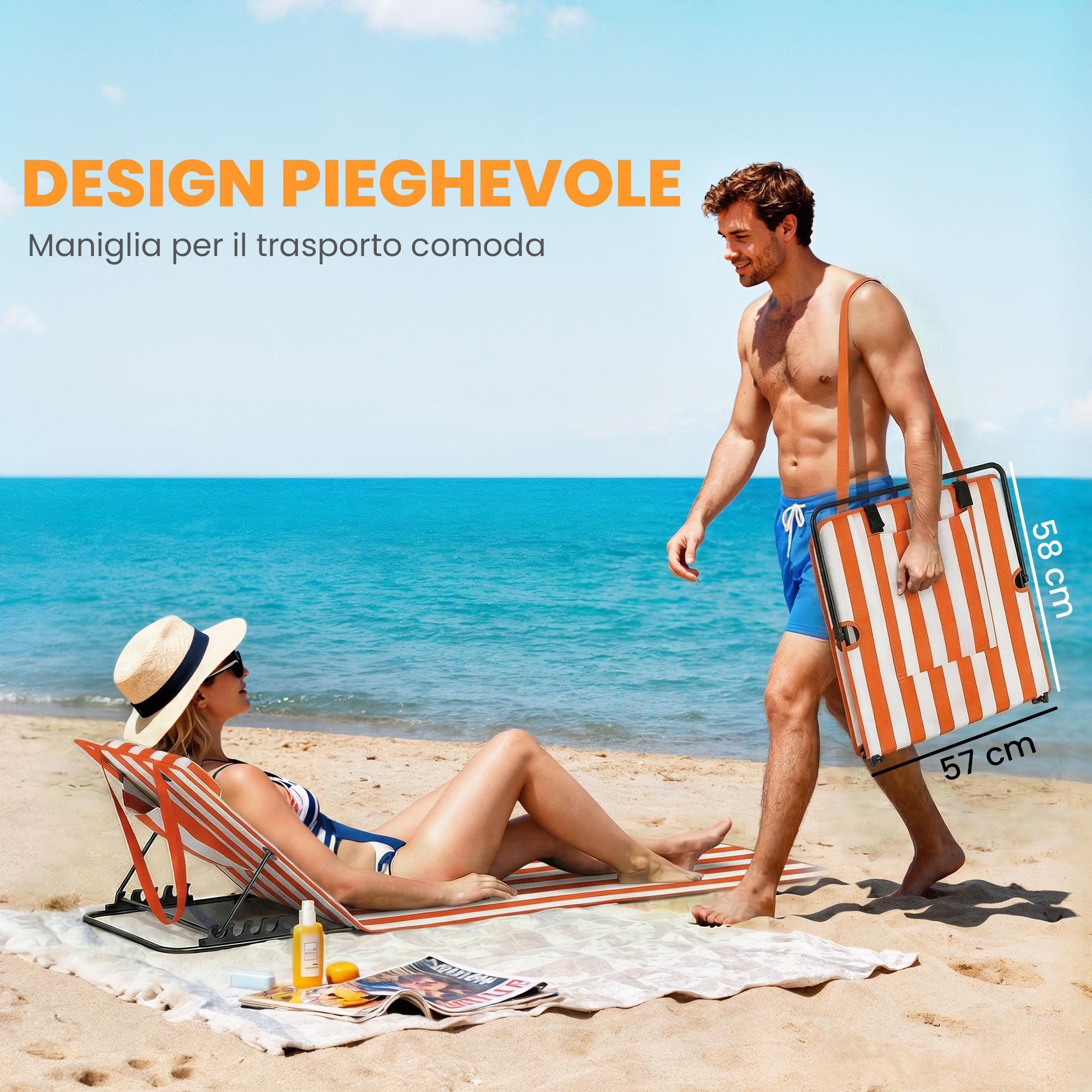 Uomo porta borsa mare arancio-bianca, donna seduta su sdraio arancio-bianco vicino al mare.
