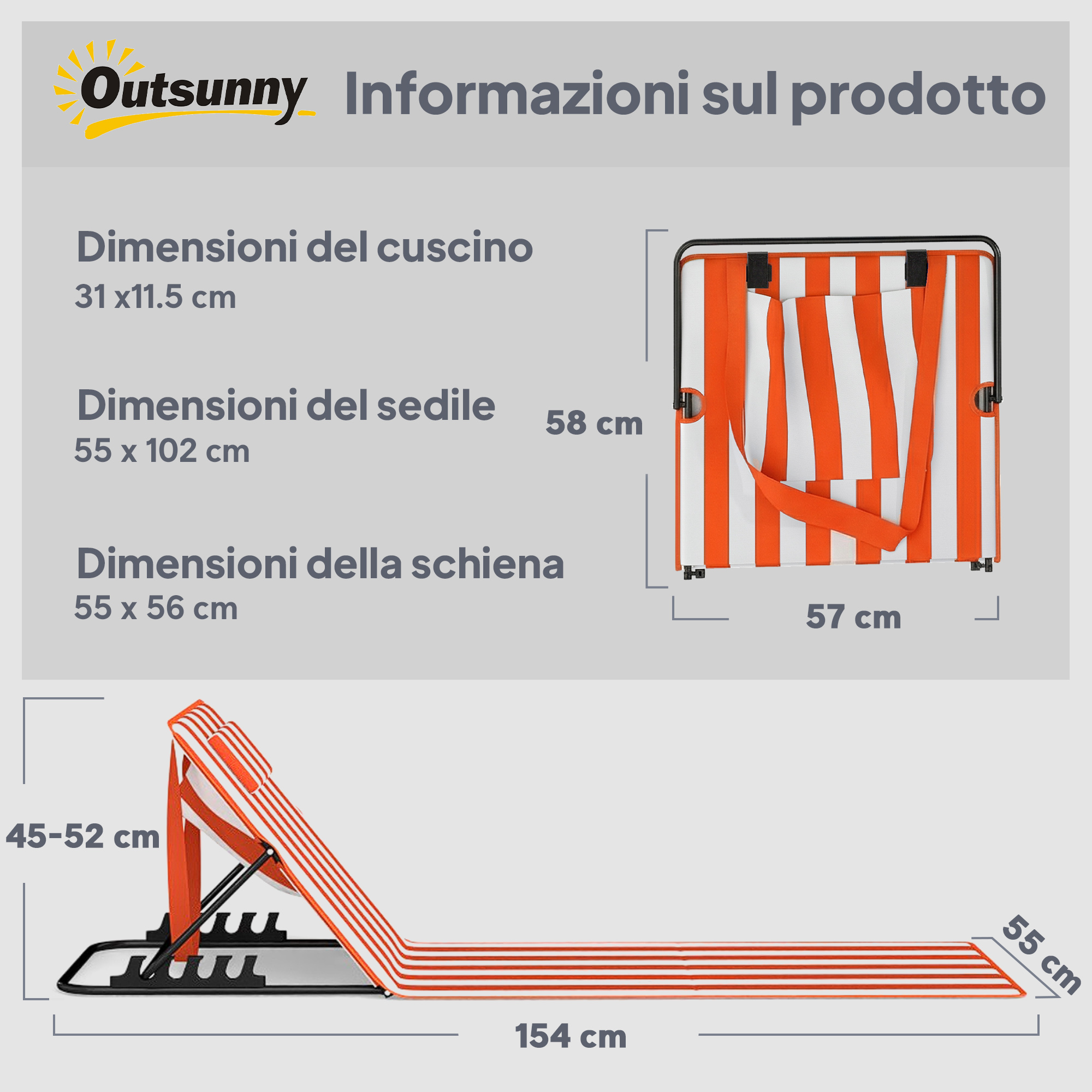 Una sedia da spiaggia a righe arancioni e bianche con dimensioni per cuscino, seduta e schienale.