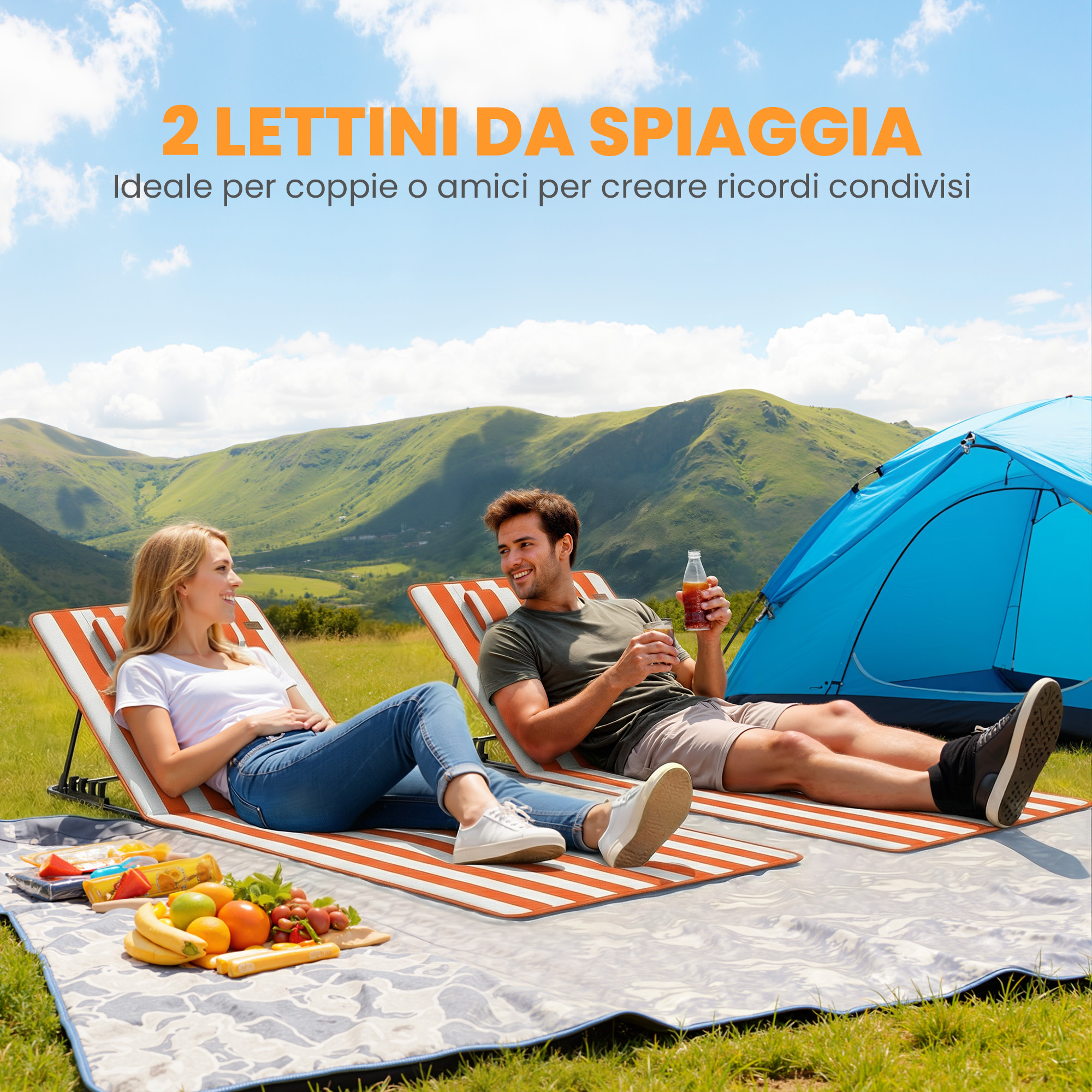 Una coppia si rilassa su lettini da esterno con tenda e picnic.