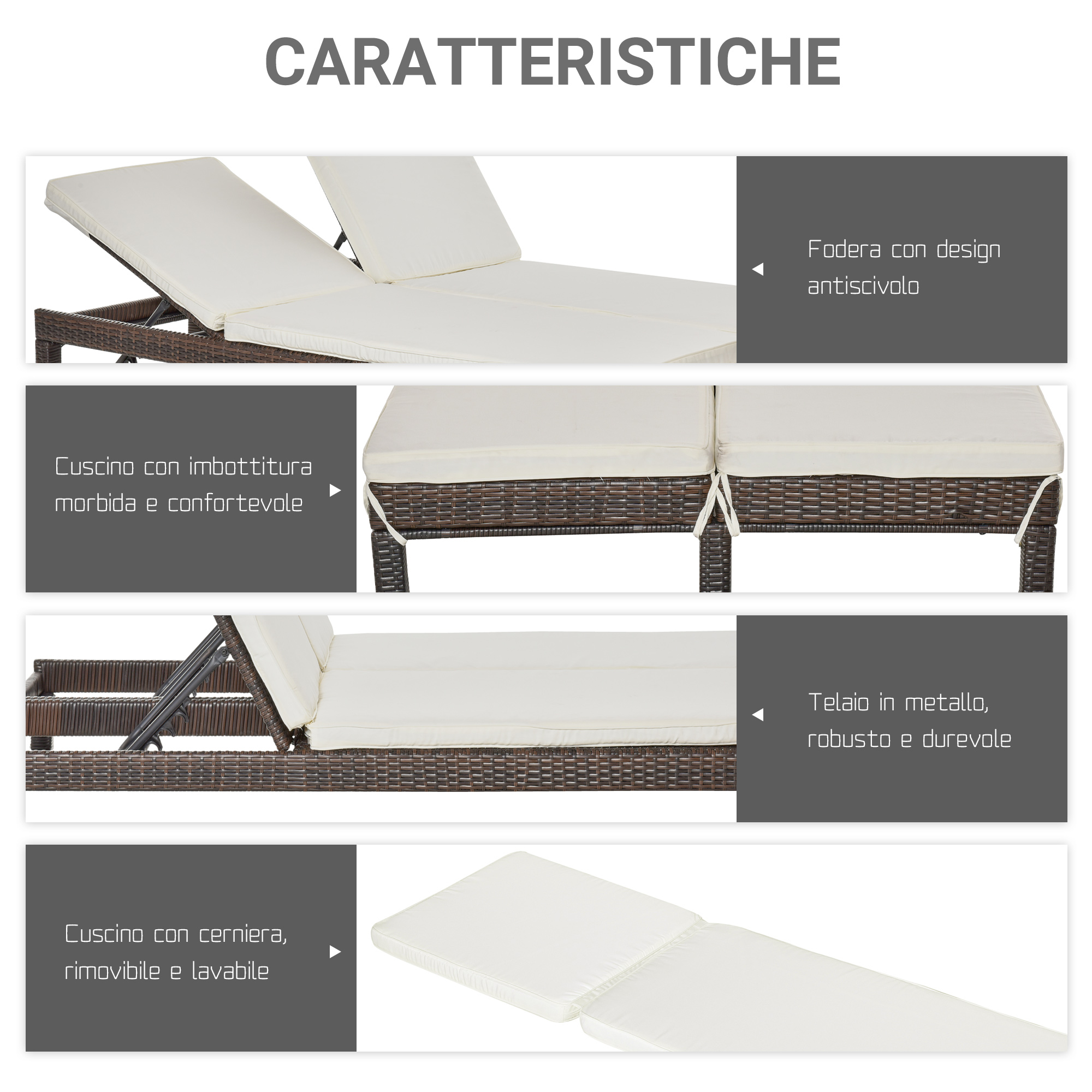 Lettino prendisole in rattan marrone con cuscini beige.