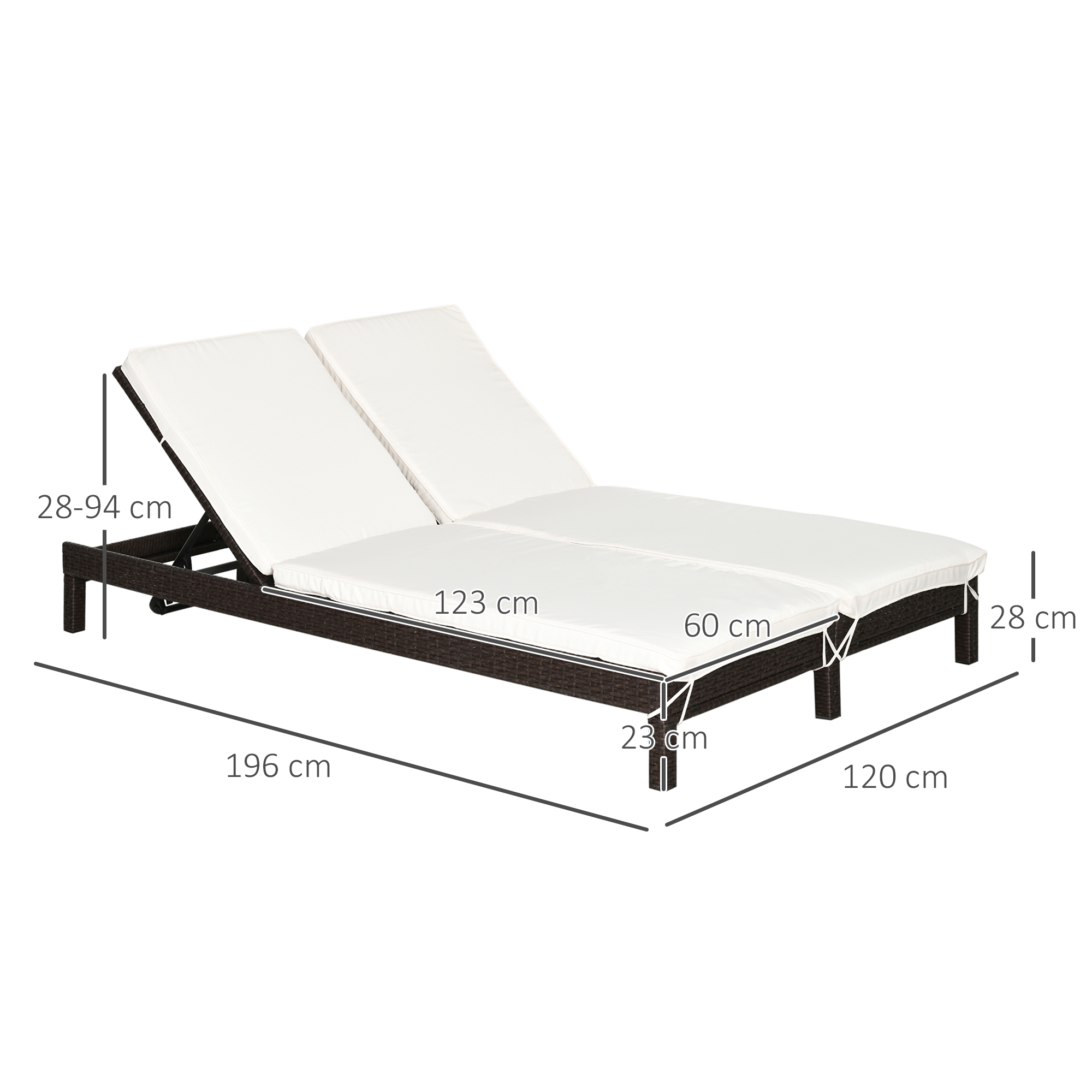 Lettino doppio con cuscini bianchi e rattan marrone. Dimensioni indicate.