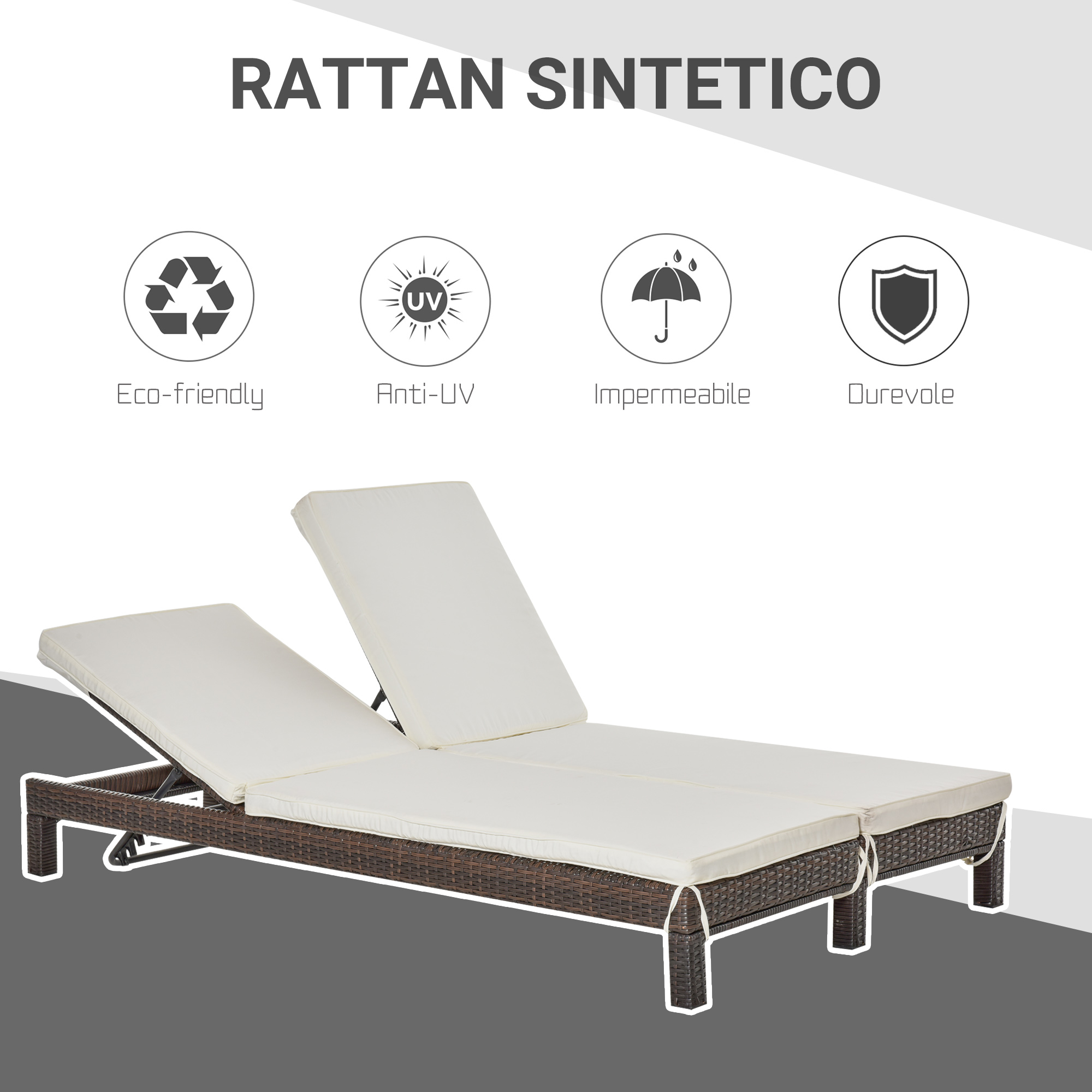 Un lettino prendisole doppio con cuscini color crema e struttura in rattan intrecciato marrone.