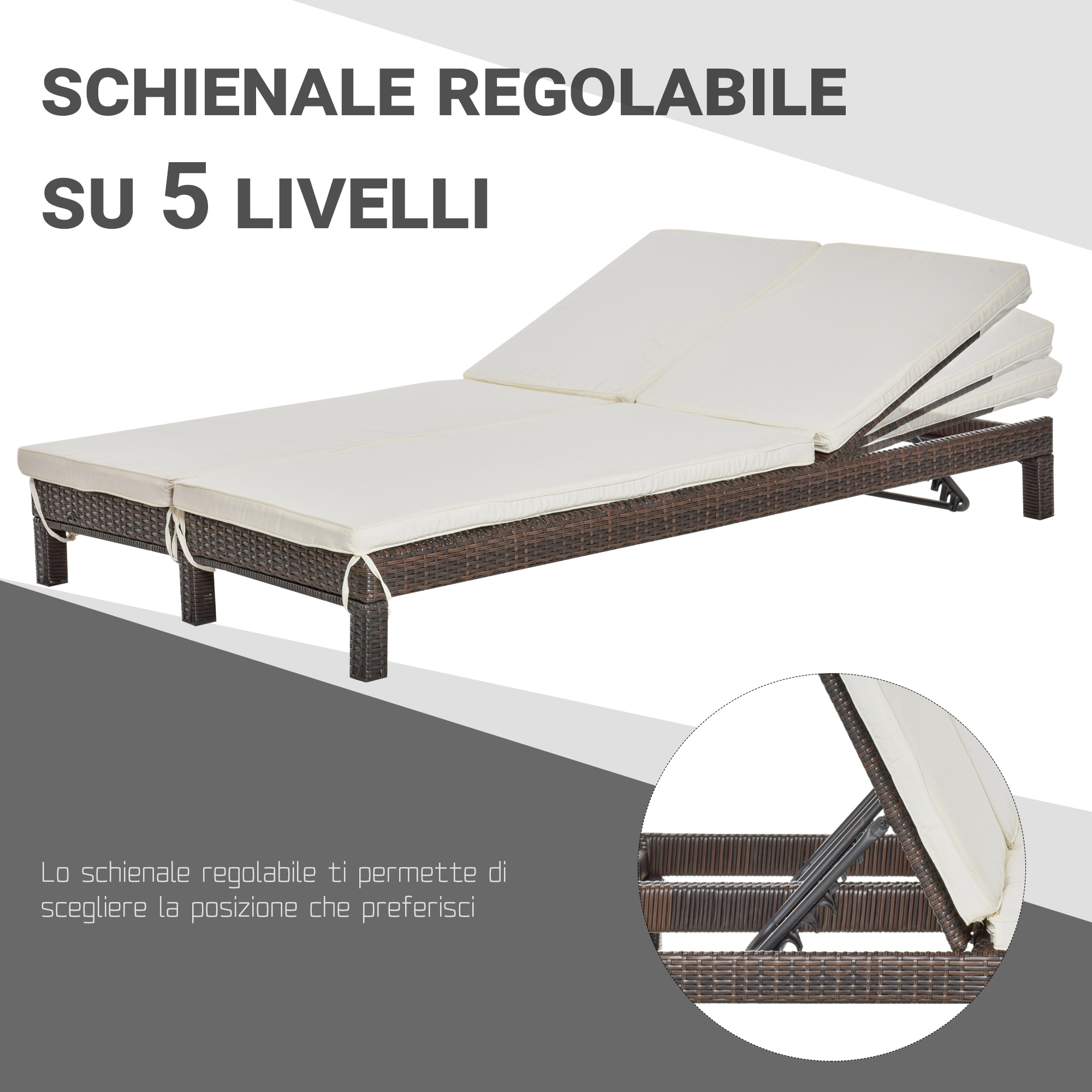Una chaise longue regolabile in rattan marrone con cuscini bianchi, 5 livelli.