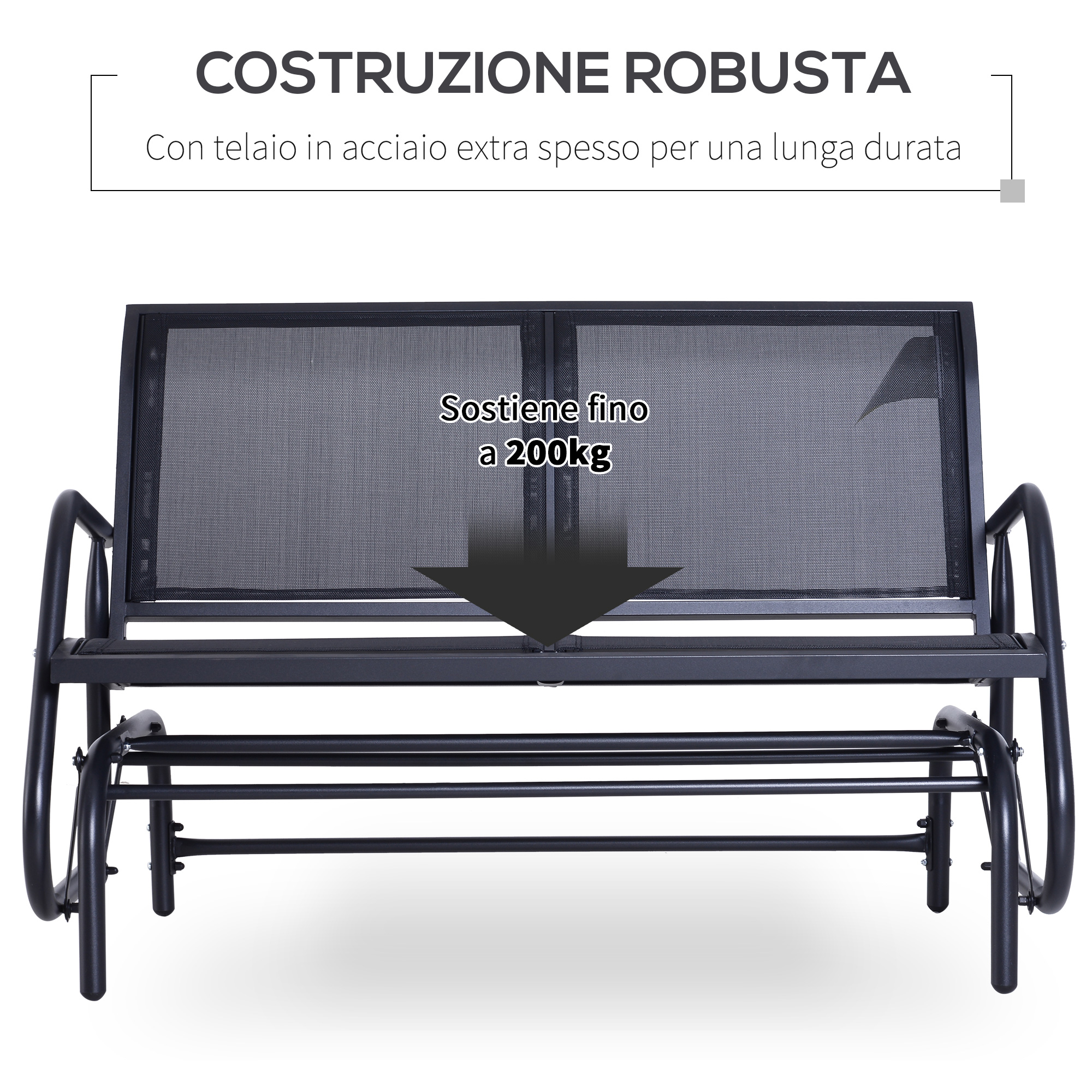 Costruzione robusta: un divano da giardino in metallo nero con telaio in acciaio.