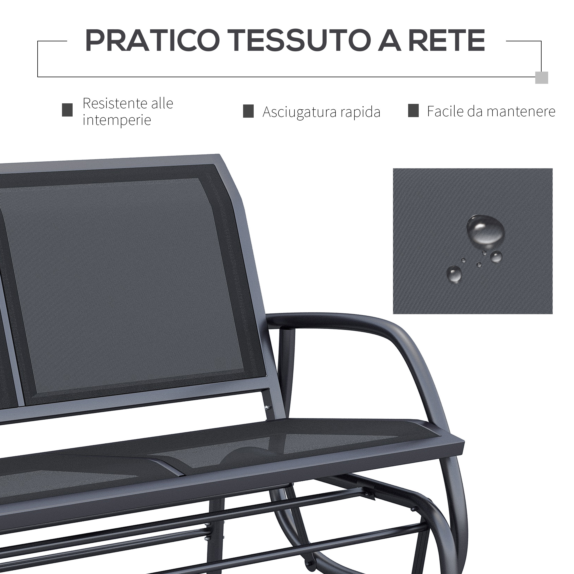 Un divano in tessuto a rete grigio con telaio in metallo e dettaglio gocce d'acqua.