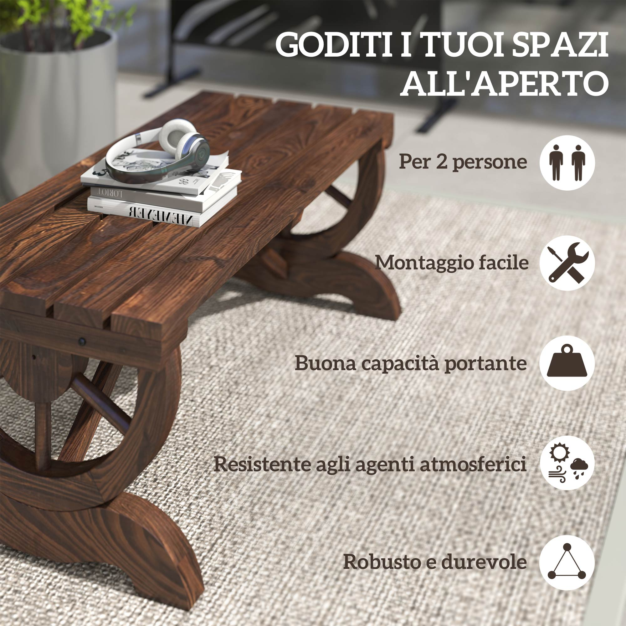 Un tavolino in legno con libri e cuffie, per spazi esterni.