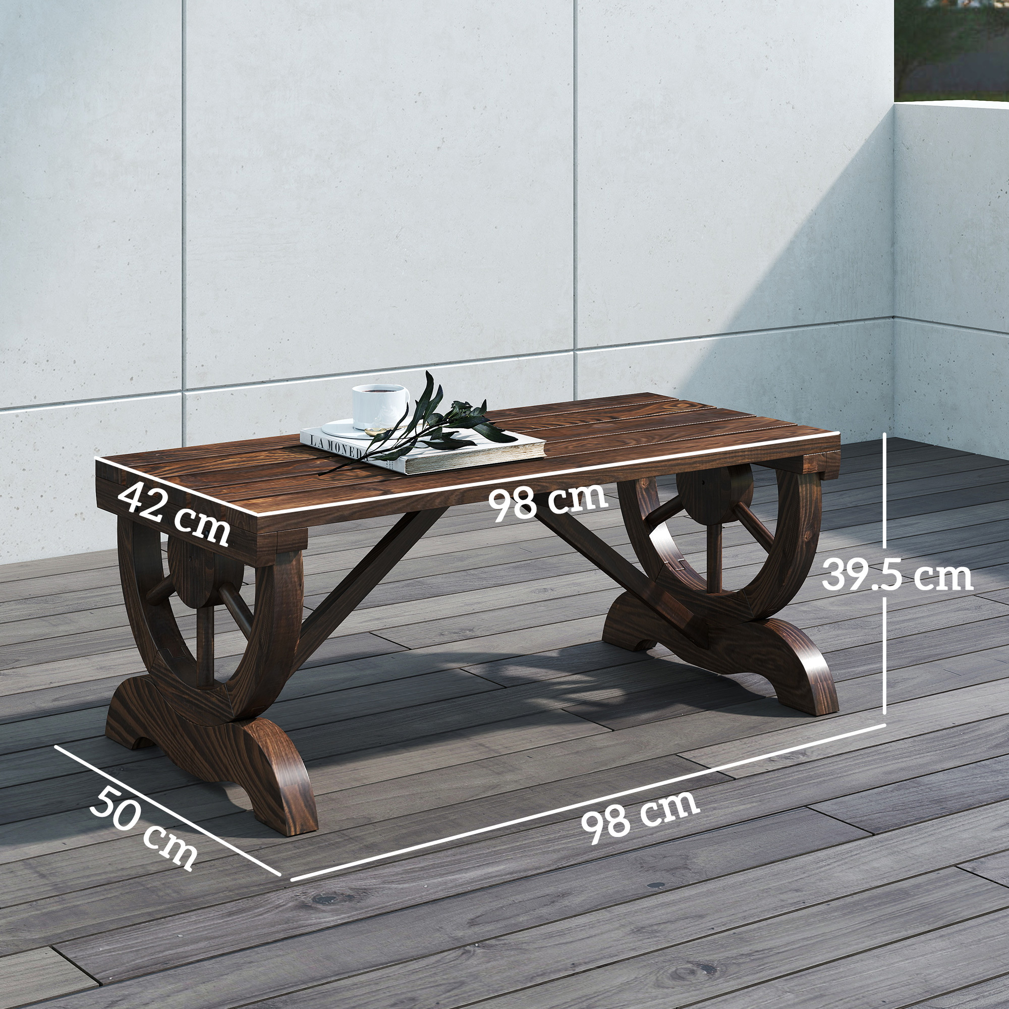 Tavolo in legno marrone scuro con libro, tazza e occhiali. Dimensioni: 98x50x42x39,5 cm.