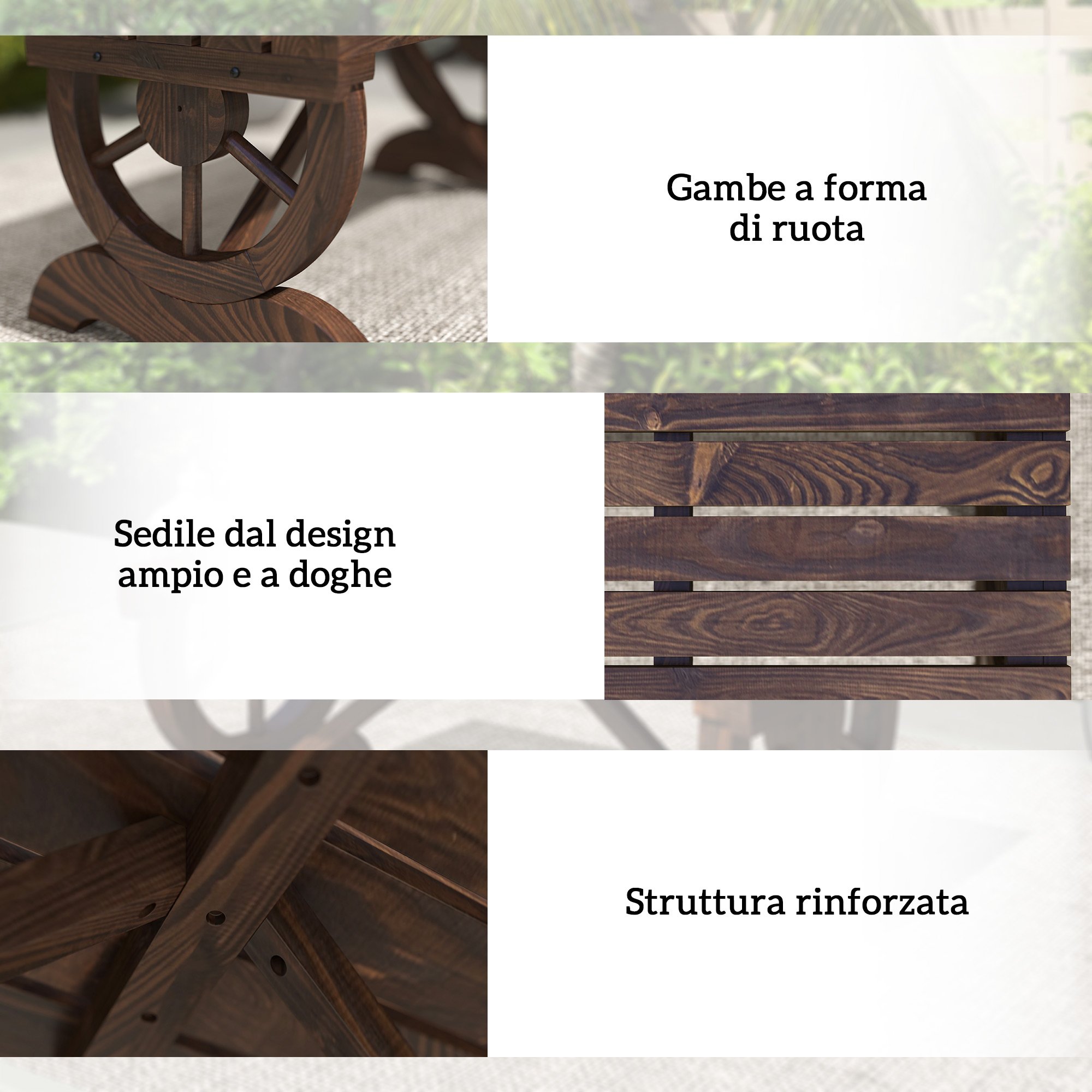 Mobili in legno marrone scuro con gambe a ruota e doghe. Struttura rinforzata.
