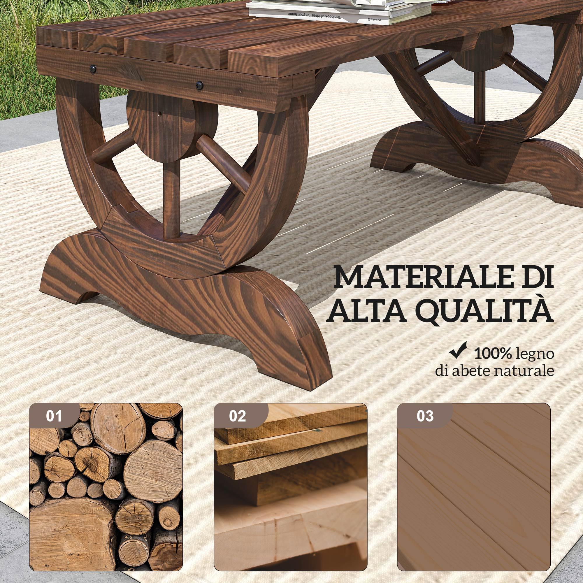 Mobile in legno design ruota, tre campioni di materiale: tronchi, assi, listelli.