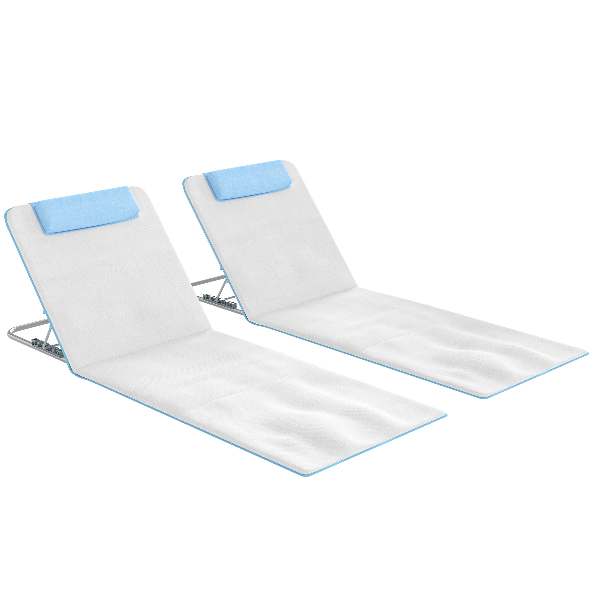 Due sdraio bianche con cuscini e profili blu su sfondo bianco.