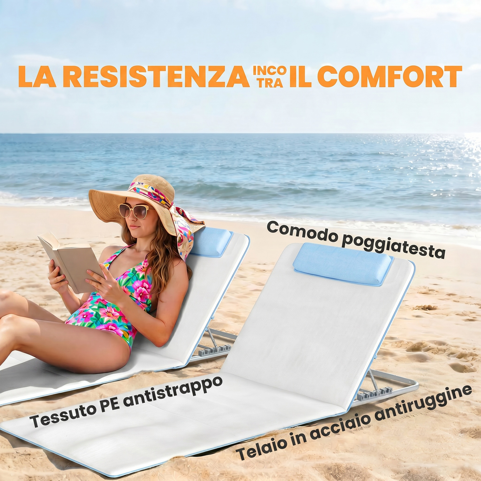 Donna legge libro su lettino da spiaggia, mare sullo sfondo.