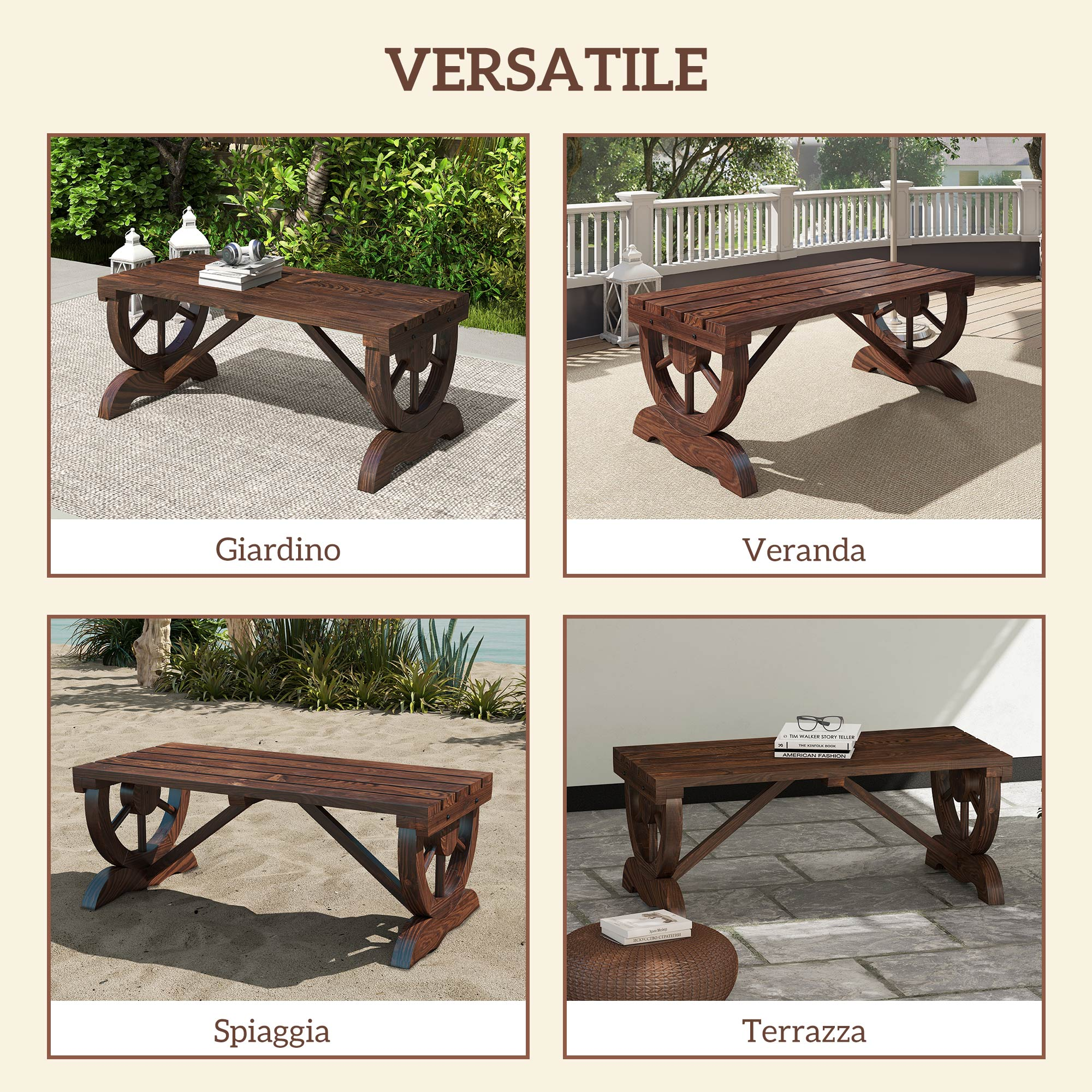 Un set di panche in legno marrone scuro in vari ambienti: giardino, veranda, spiaggia, terrazzo.
