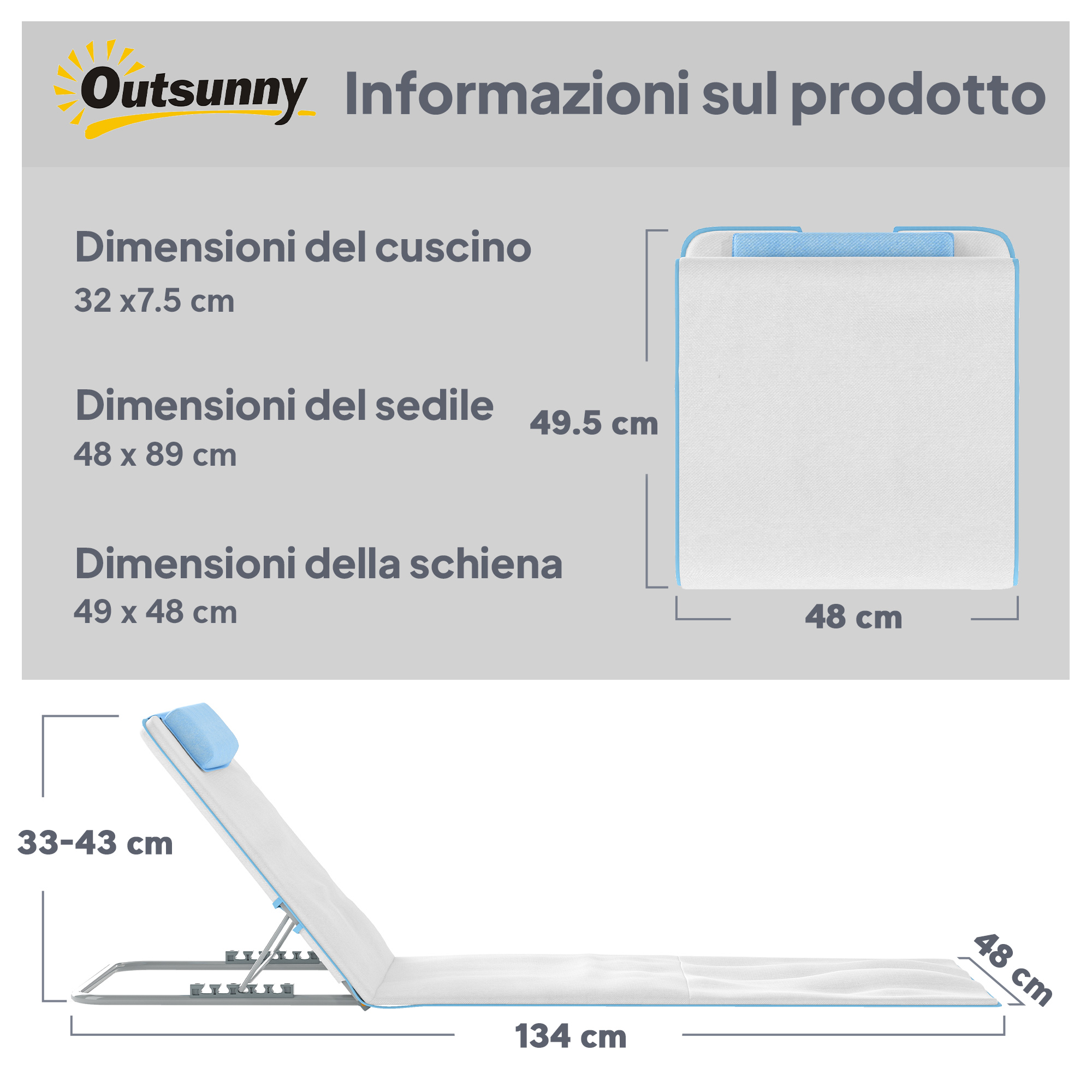 Lettino bianco pieghevole con bordo e cuscino blu. Dimensioni indicate.