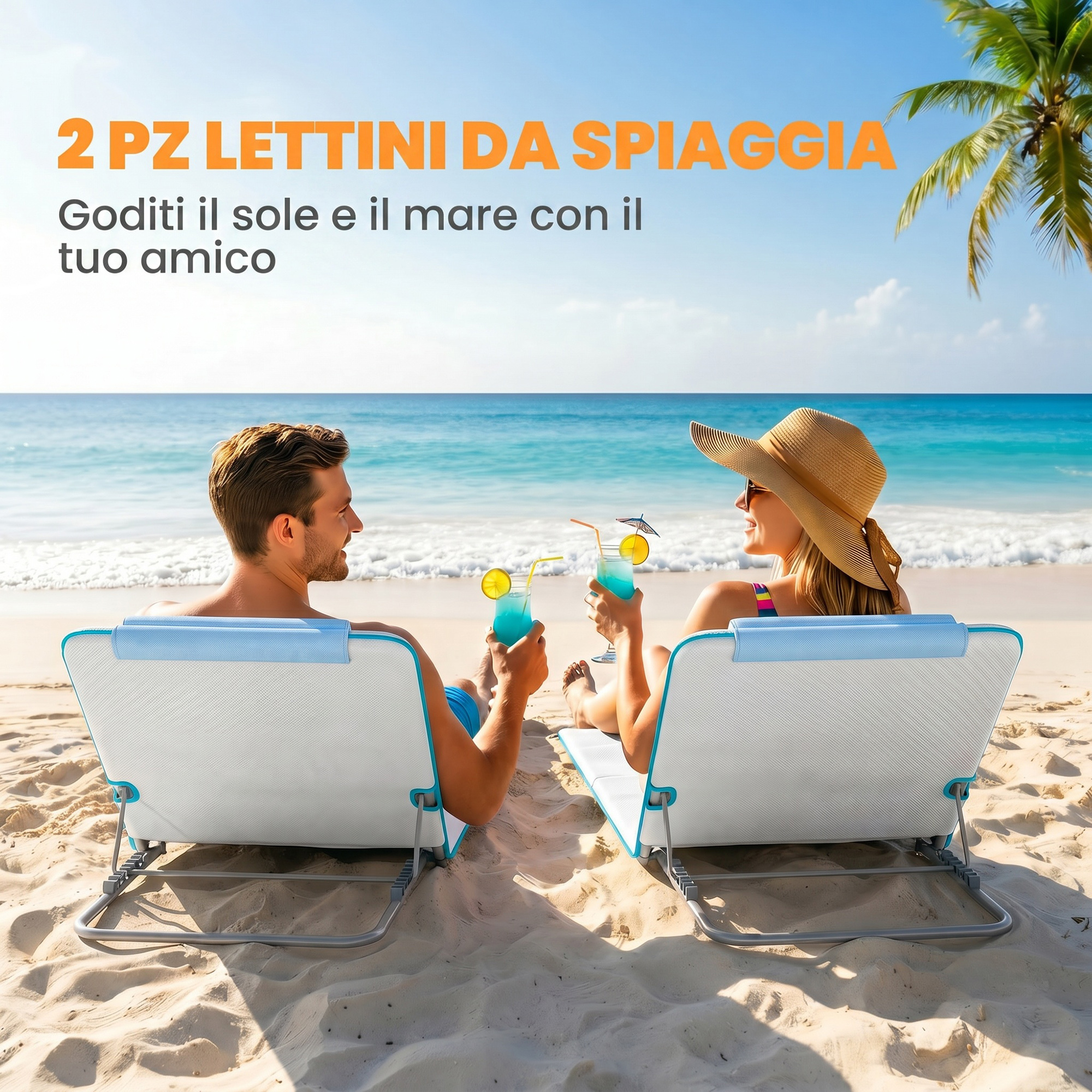 Uomo e donna si rilassano su sedie da spiaggia con bevande.