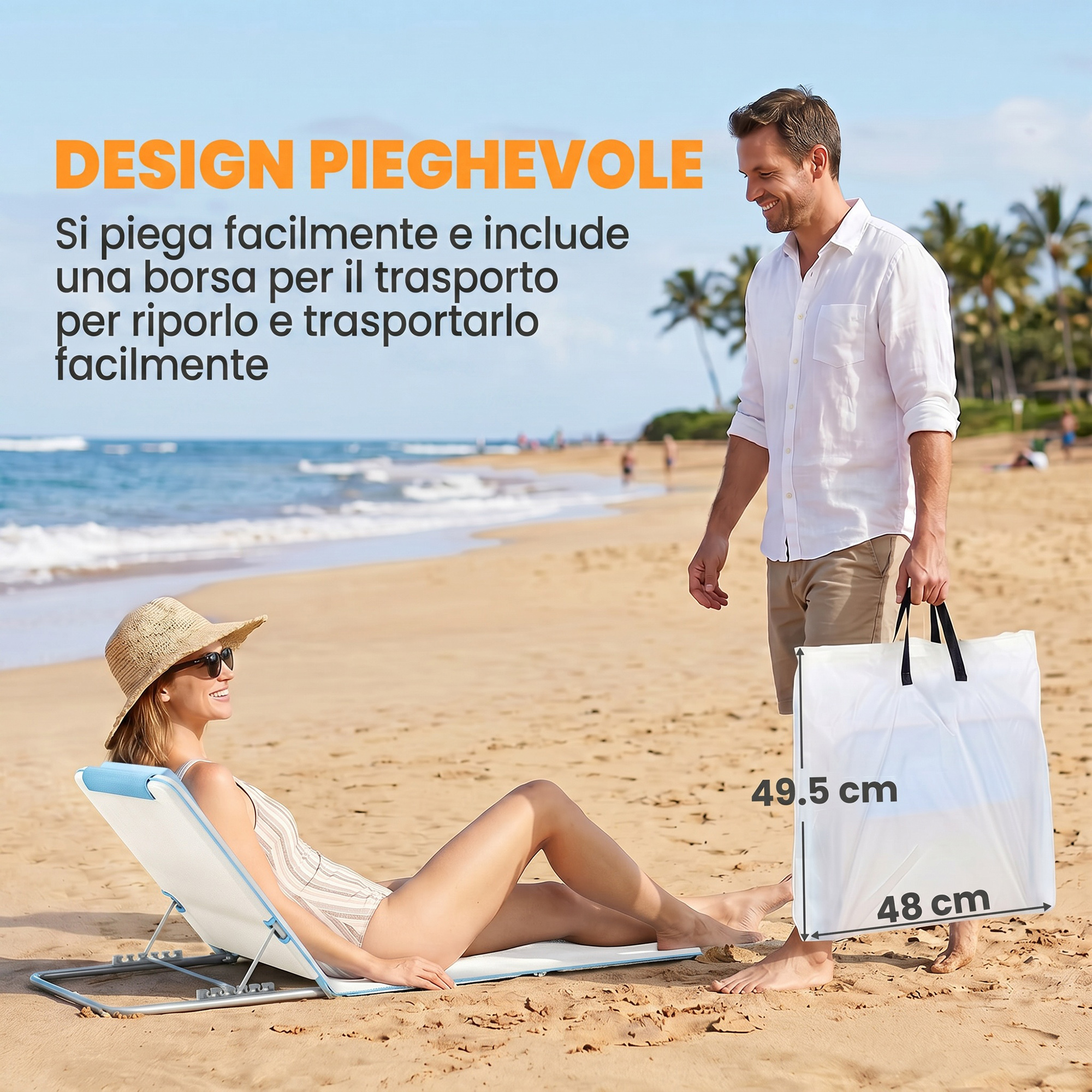 Uomo con camicia bianca tiene borsa bianca su spiaggia, donna sdraiata.