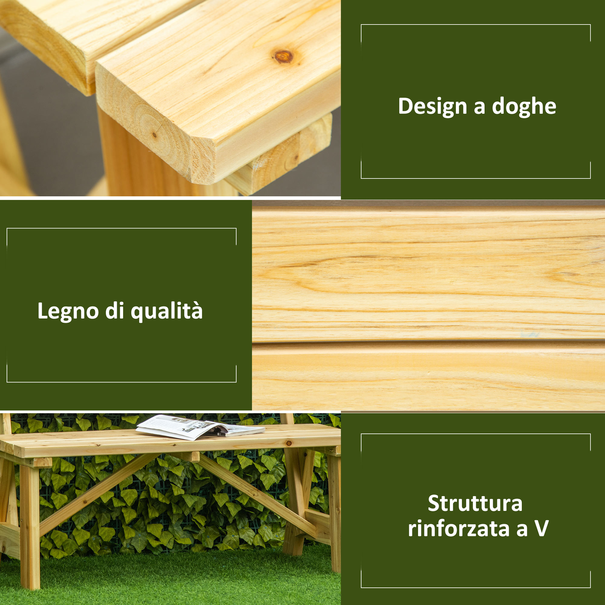 Panca in legno con design a doghe, legno di qualità e rinforzo a V.