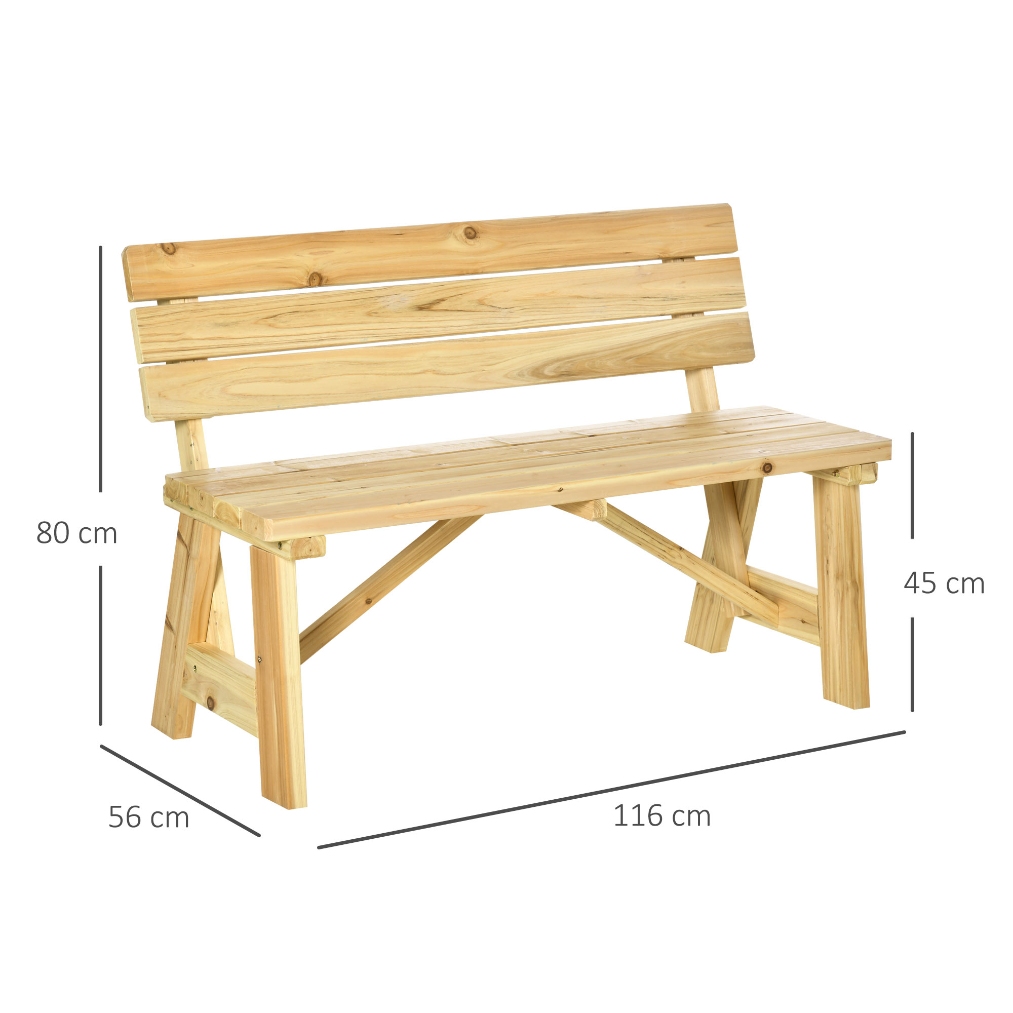 Panchina da giardino in legno, dimensioni 116x56x80 cm, altezza seduta 45 cm.