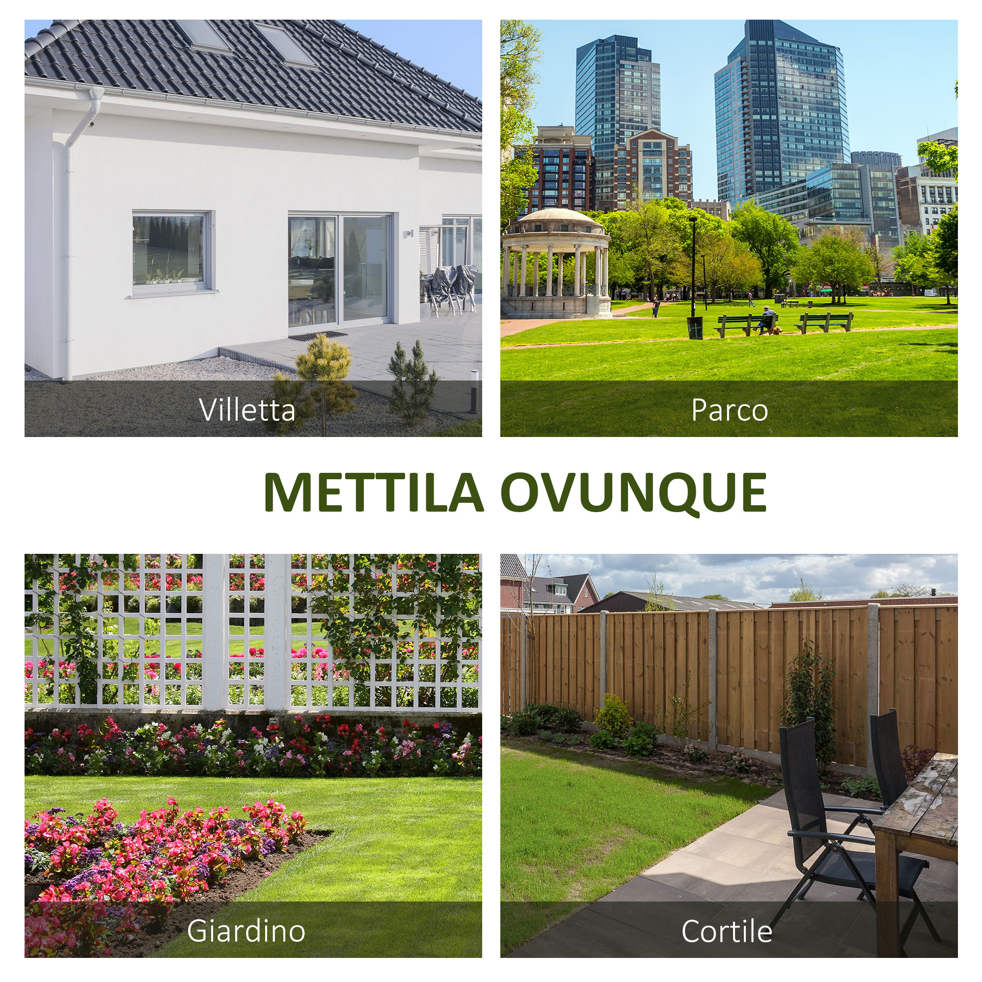 Moderna villa bianca con finestre sul tetto; parco con alberi ed edifici alti; giardino con grigliato e fiori; cortile con recinzione in legno.