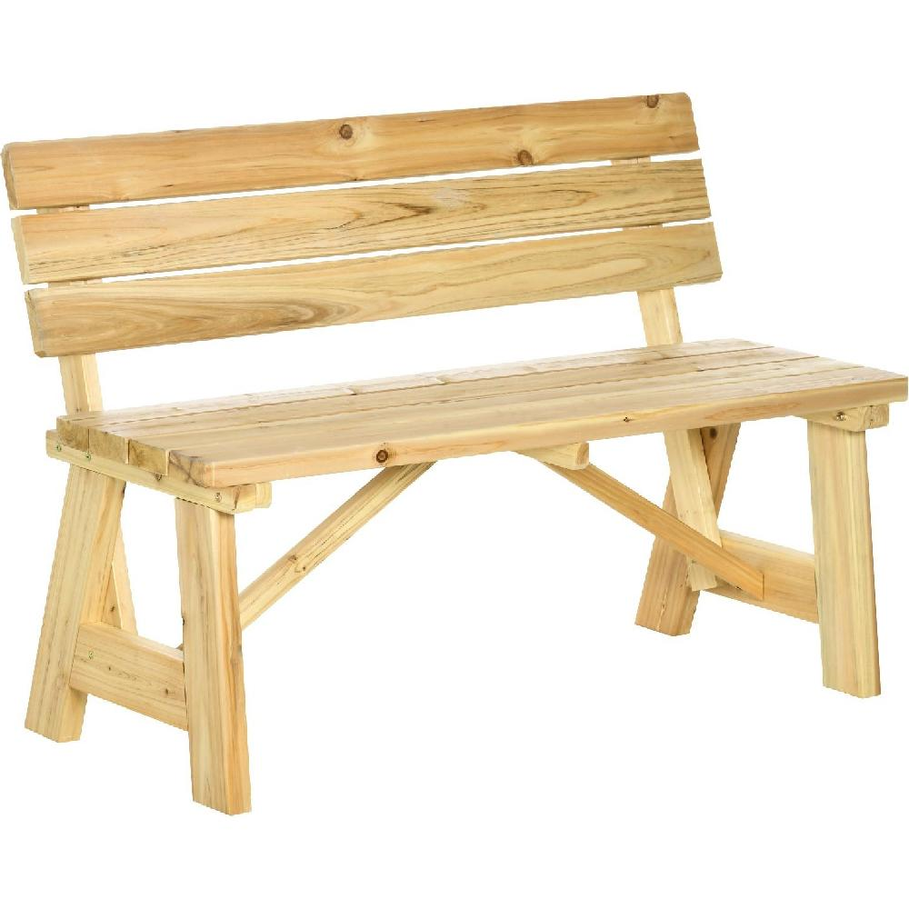 Panchina da parco in legno chiaro con seduta e schienale a doghe, su sfondo bianco.
