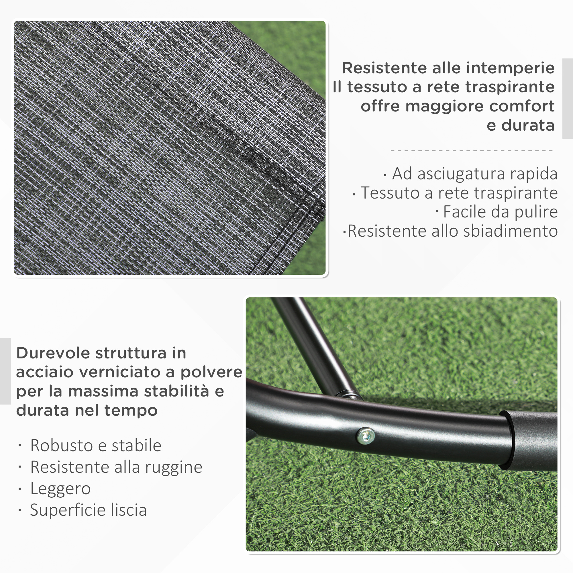 Primo piano di una struttura in acciaio verniciato a polvere su erba sintetica.