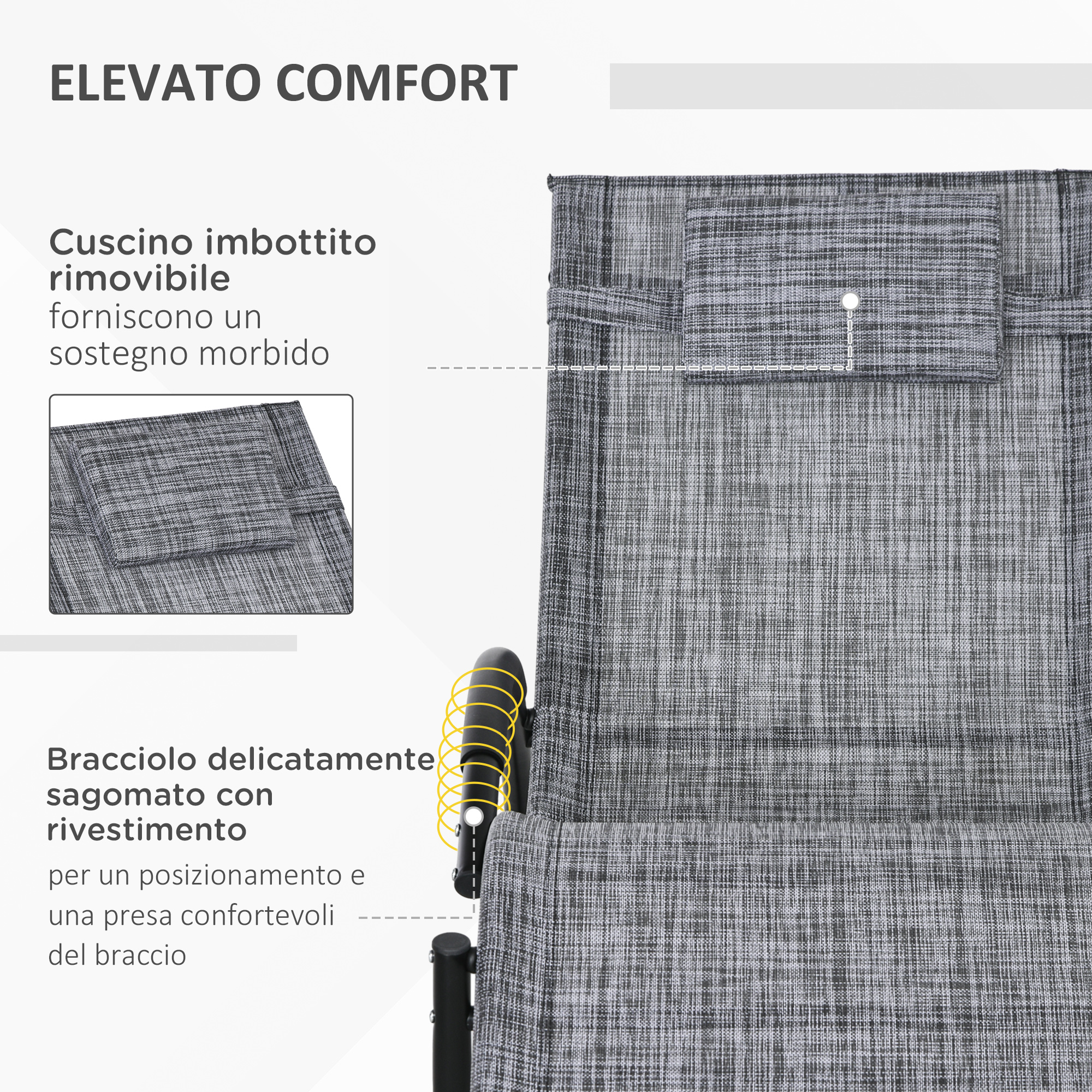 Sedia in tessuto grigio con cuscino e bracciolo. Alto comfort.