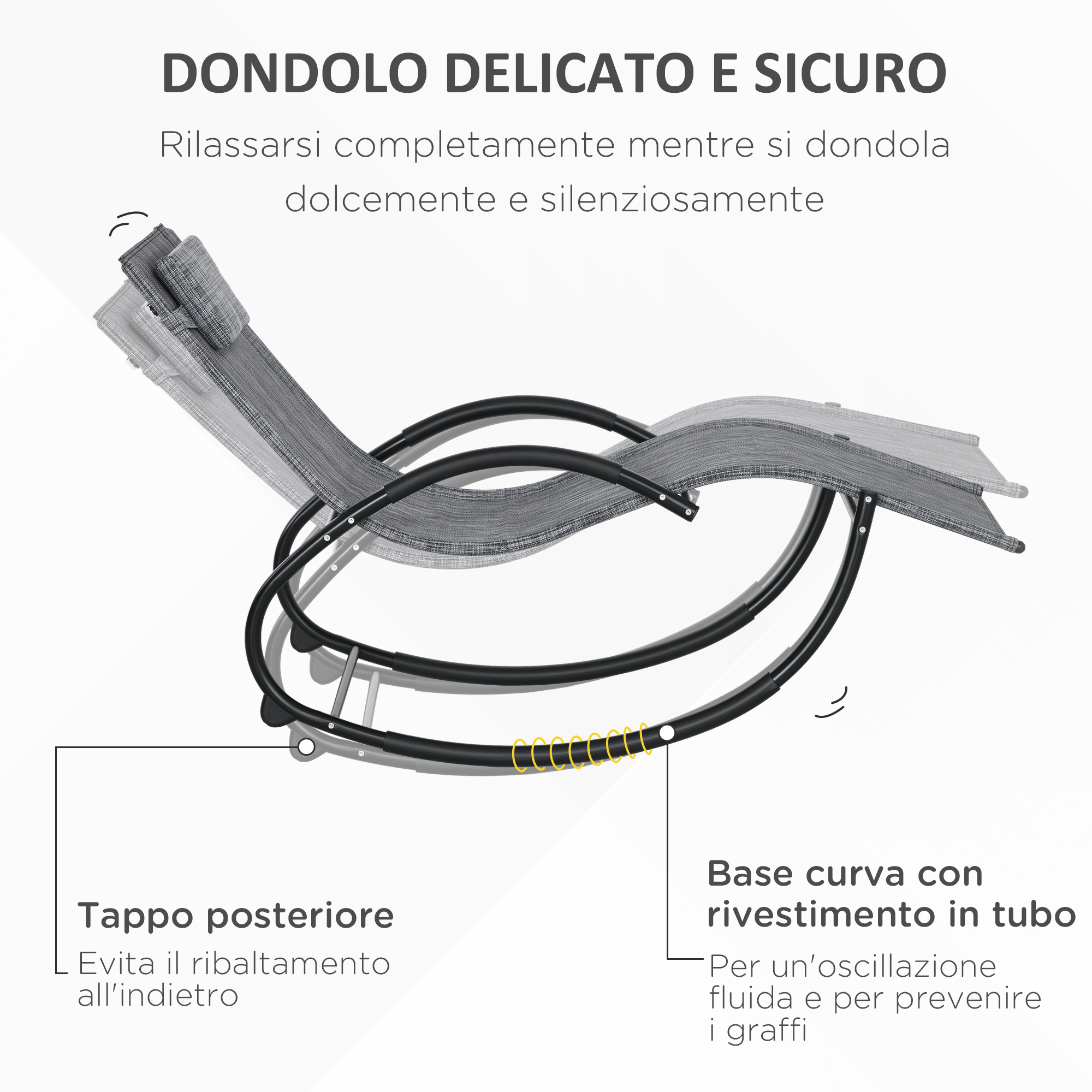 Sedia a dondolo grigia con telaio in metallo nero, testo sovrapposto.