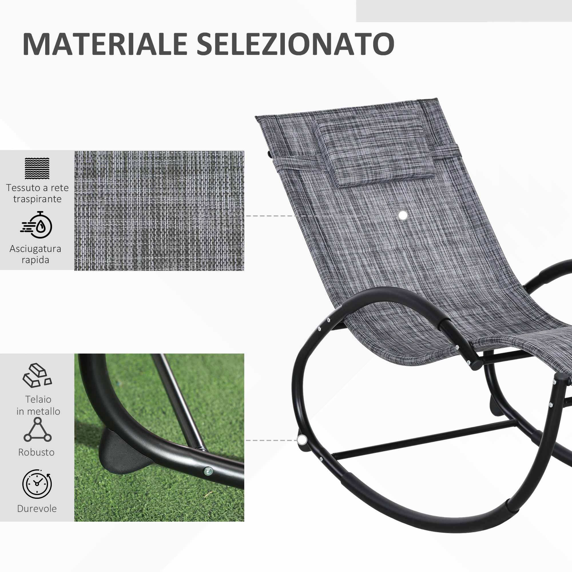Sedia a dondolo grigia con telaio in metallo e tessuto a rete traspirante.
