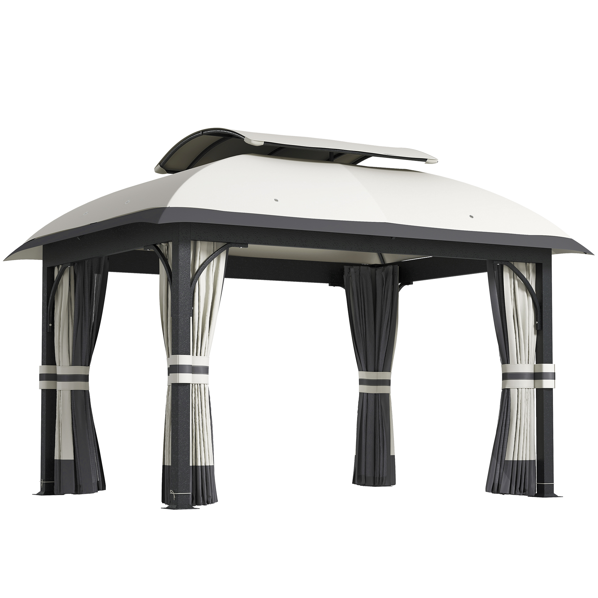 Una gazebo con tetto grigio e tende su sfondo bianco.