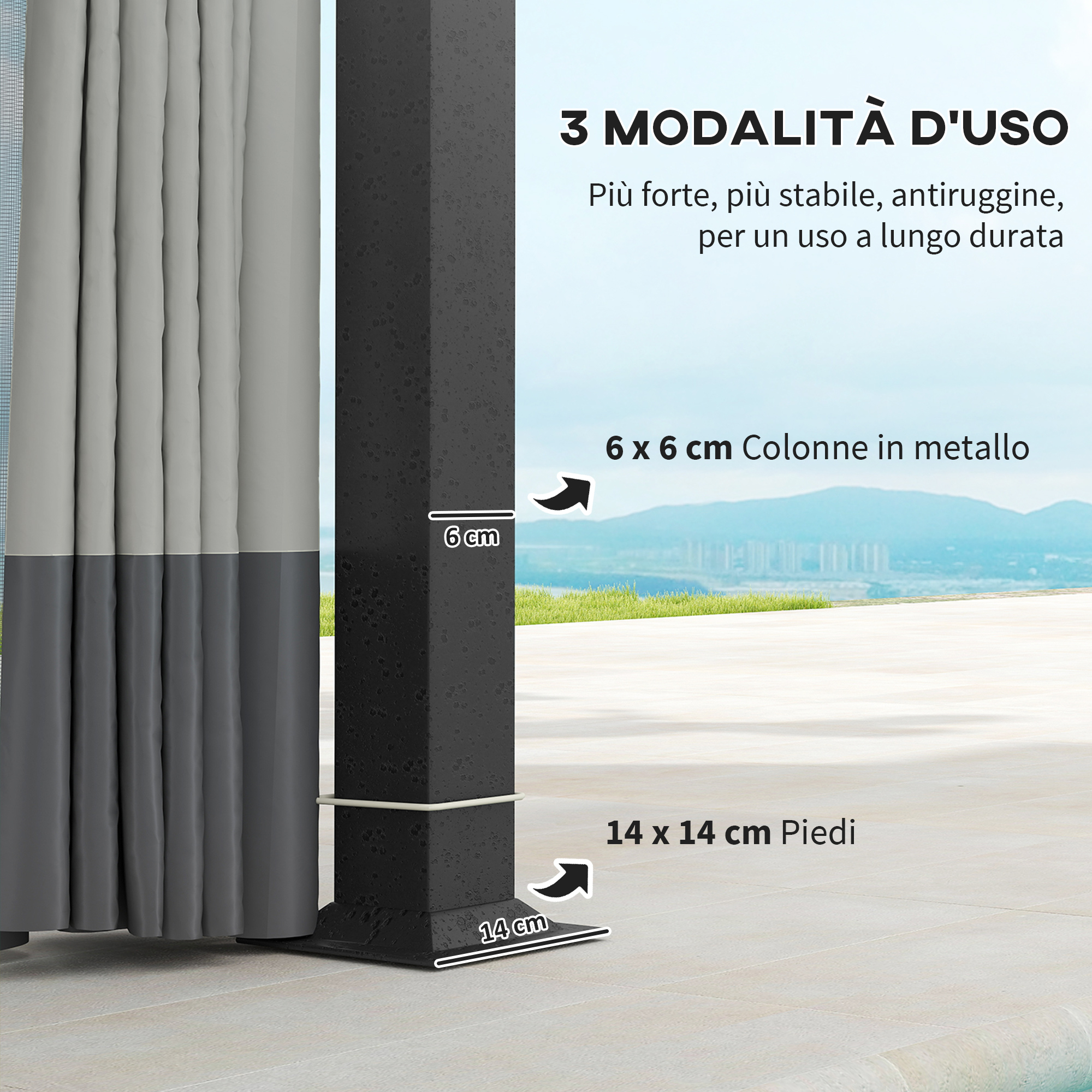 Un palo metallico nero da 6x6 cm con piedi da 14x14 cm.