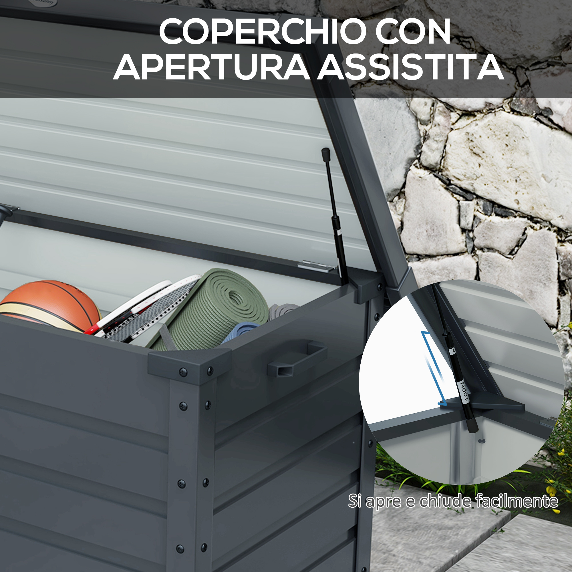 Contenitore grigio aperto con dentro palla, tappetino, racchette. Apertura assistita.