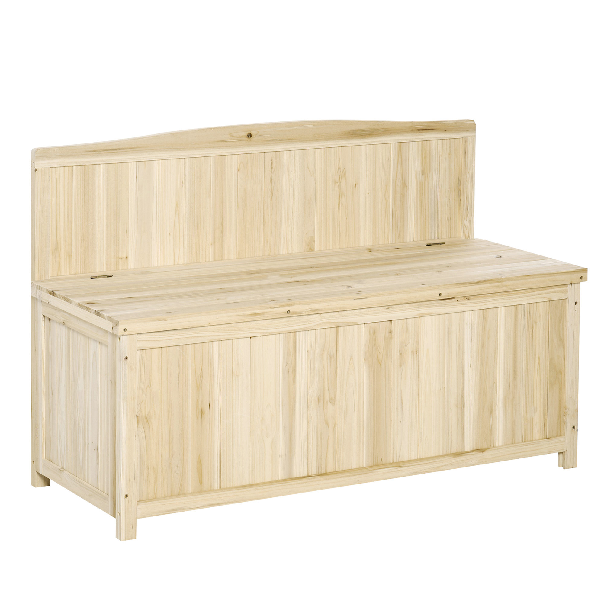 Panca contenitore in legno con schienale e coperchio ribaltabile.