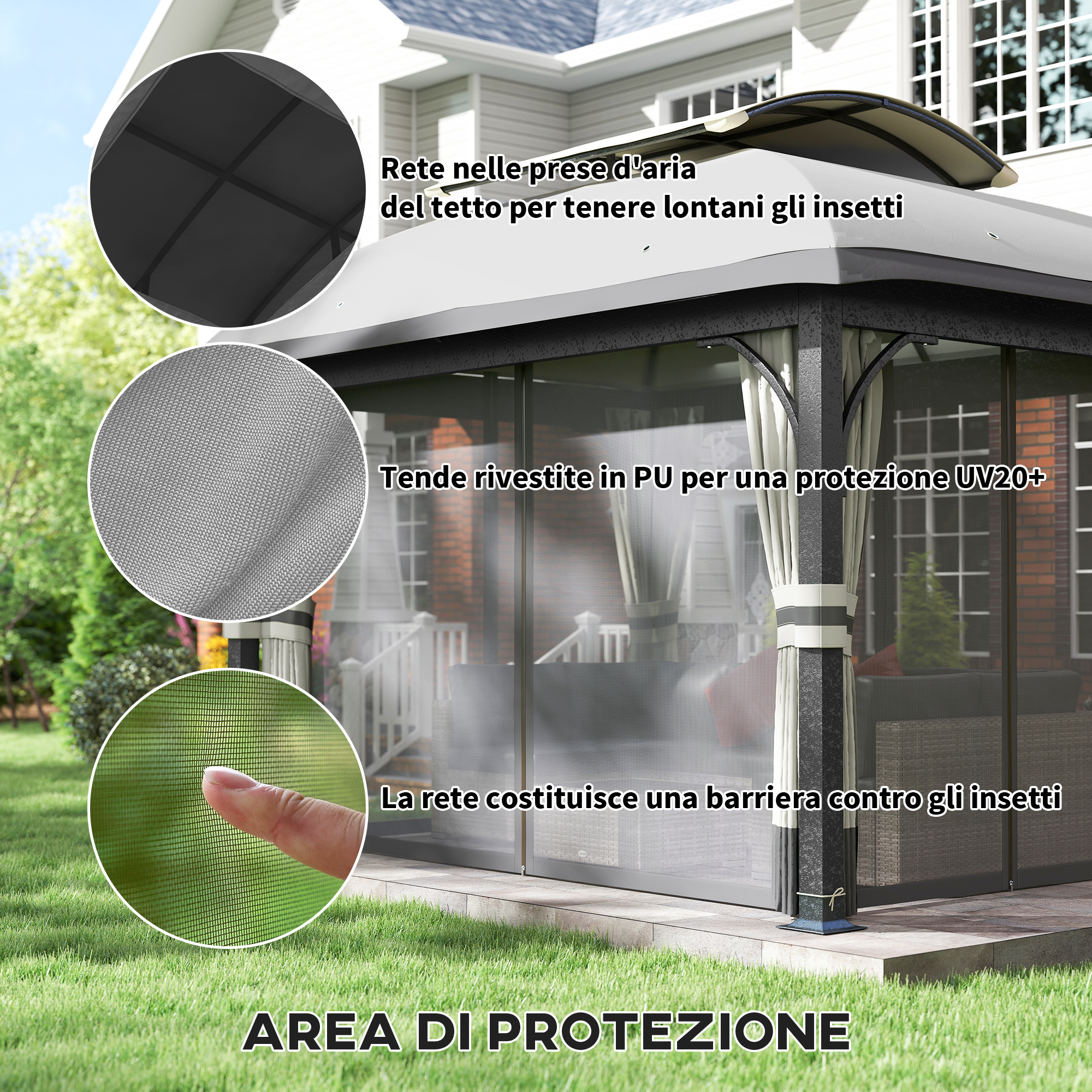 Gazebo con rete anti-insetti e tende rivestite in PU per protezione UV.
