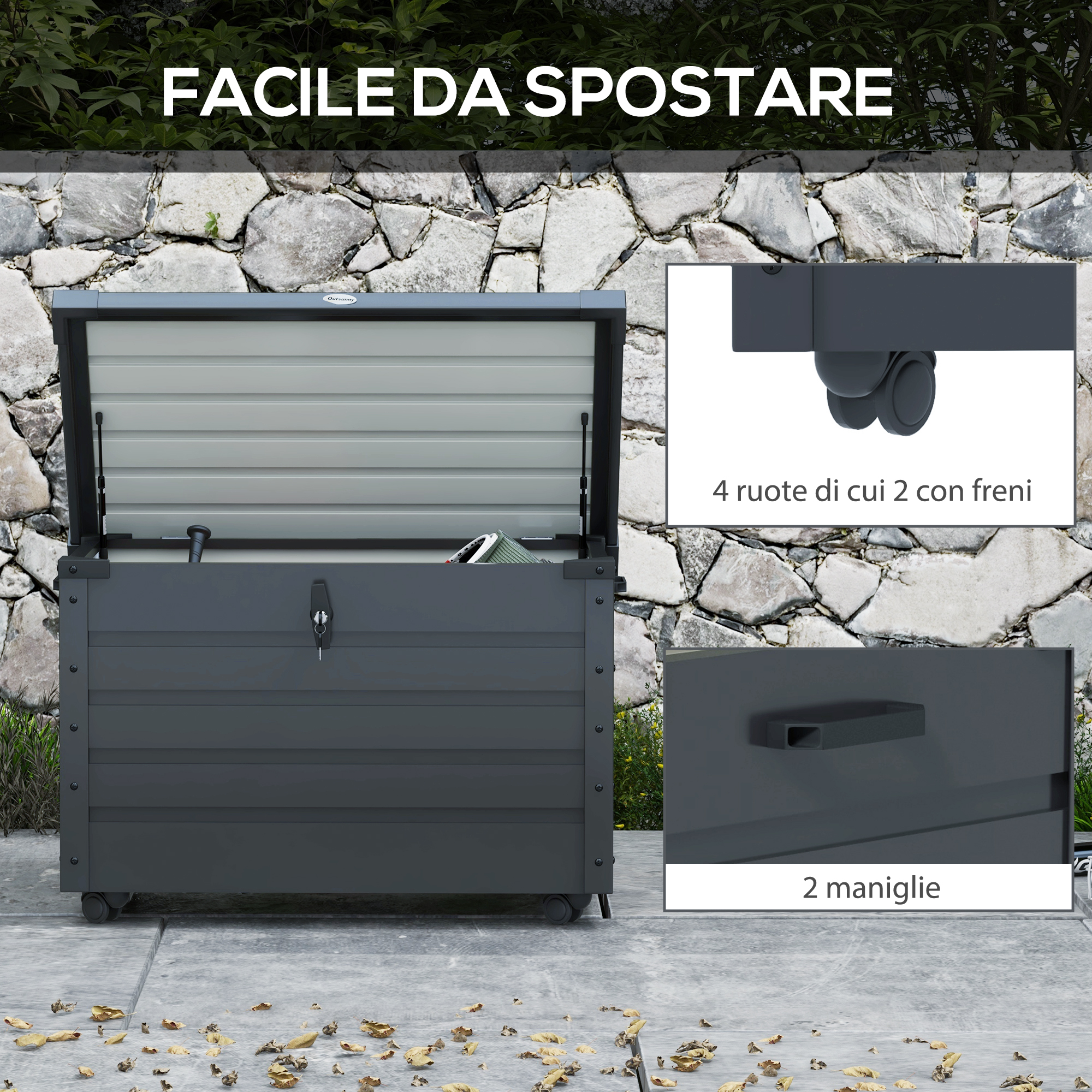 Cassapanca da esterno grigia con coperchio aperto su ruote.
