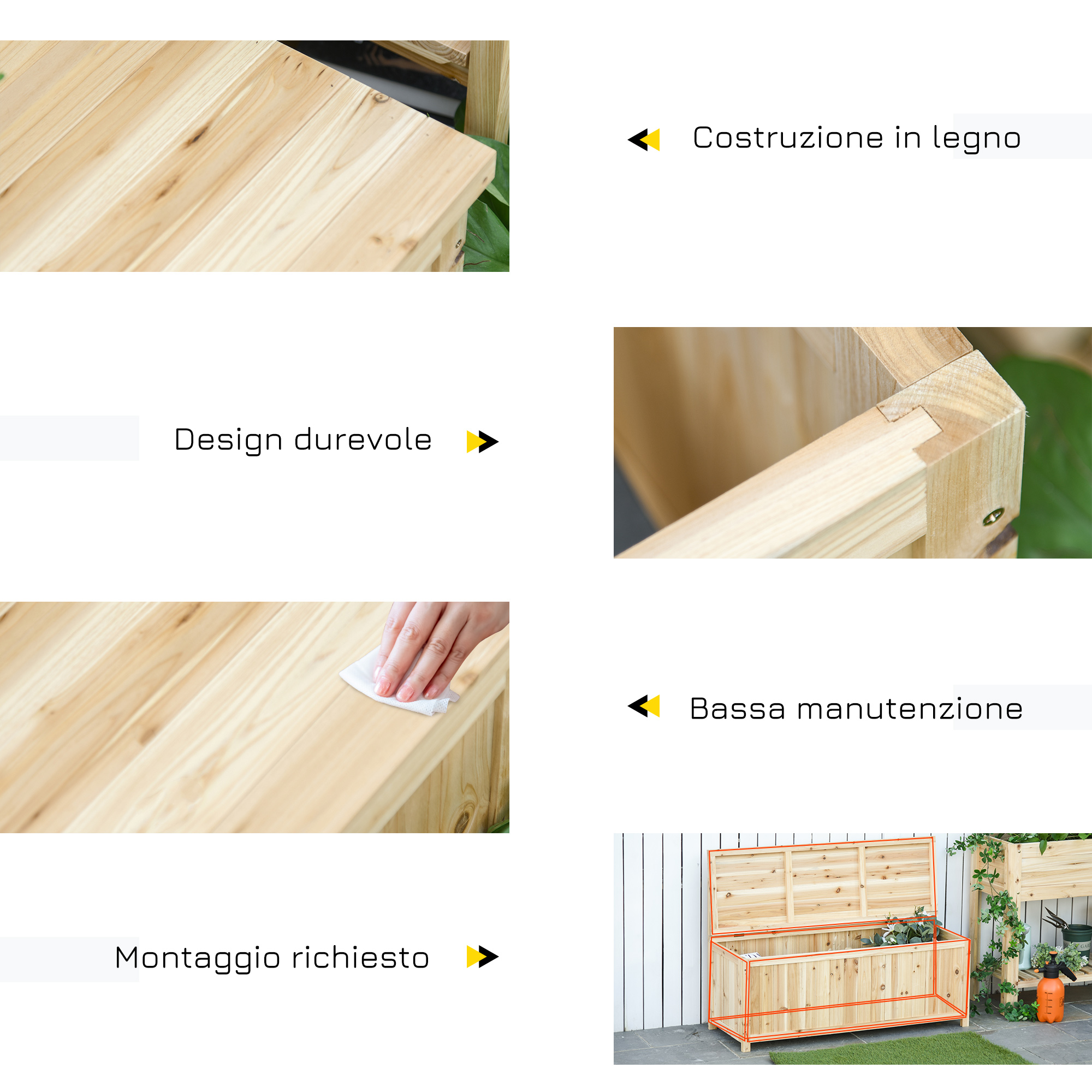 Cassa in legno con coperchio aperto e piante all'aperto.