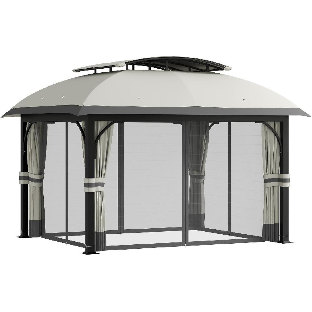 Un gazebo rettangolare con tetto grigio, pareti bianche e tende.