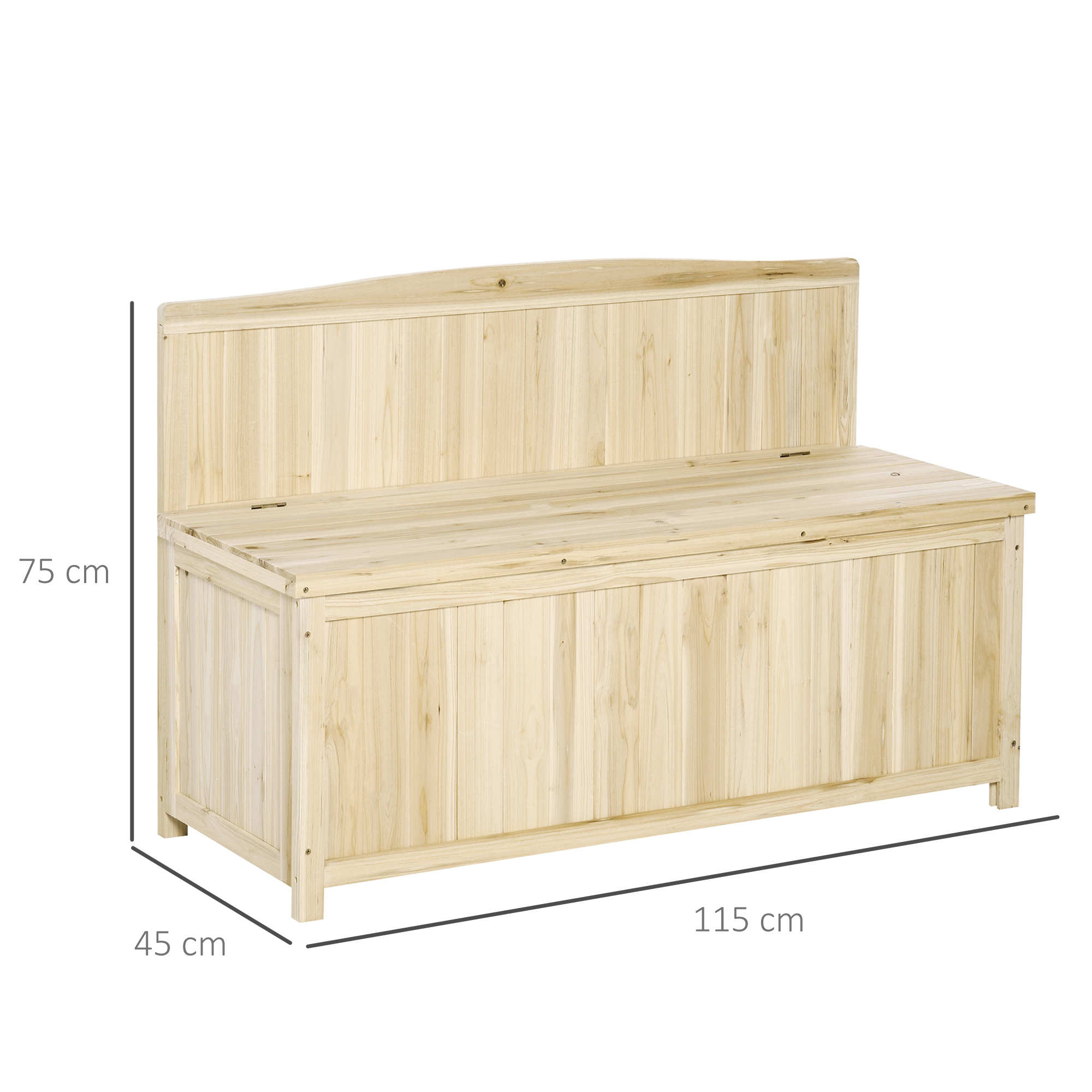 Panchina contenitore in legno con schienale, lunga 115 cm, profonda 45 cm, alta 75 cm.