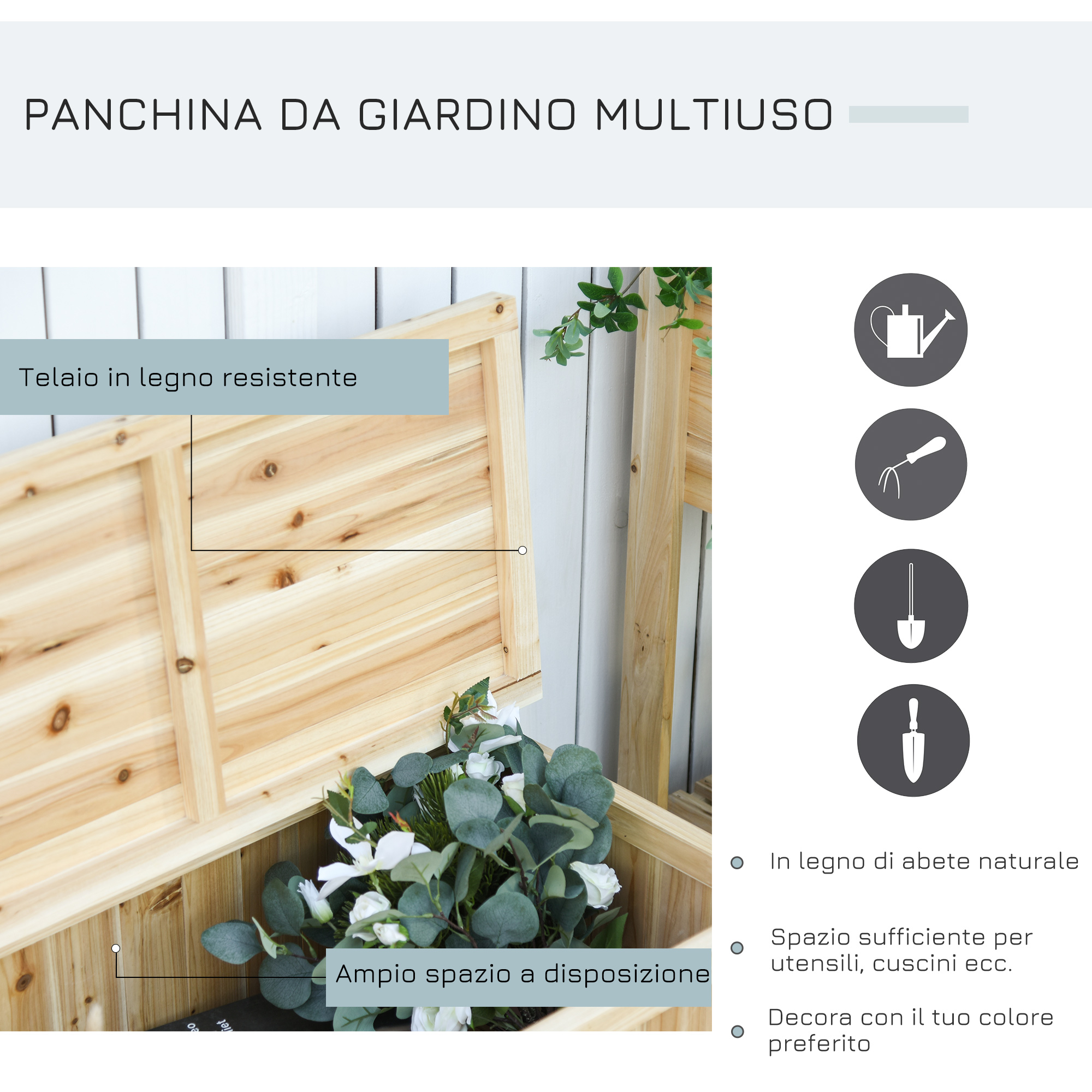 Panchina in legno con contenitore, fiori e icone attrezzi.