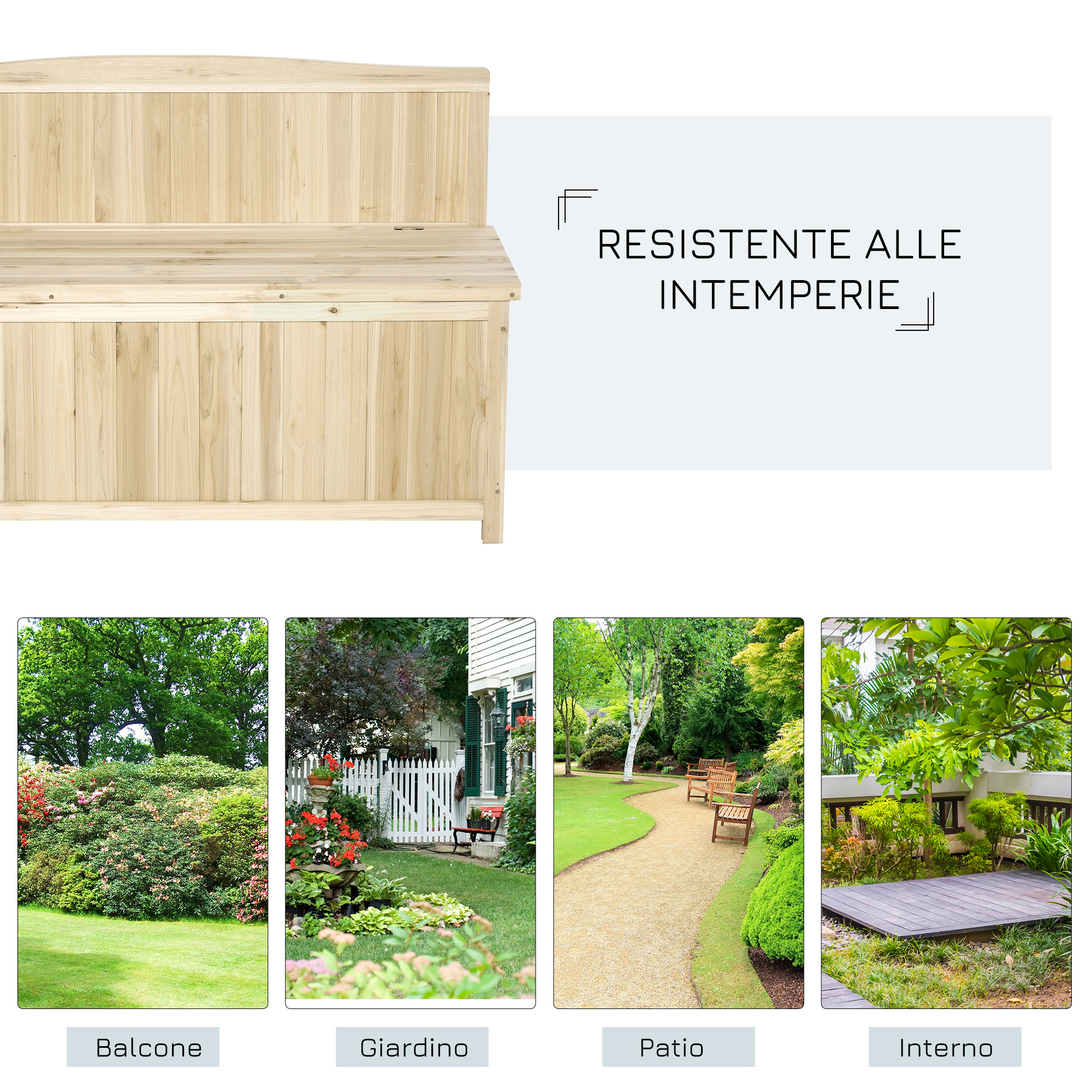 Panca in legno con contenitore, accanto a immagini di giardini e terrazzi.